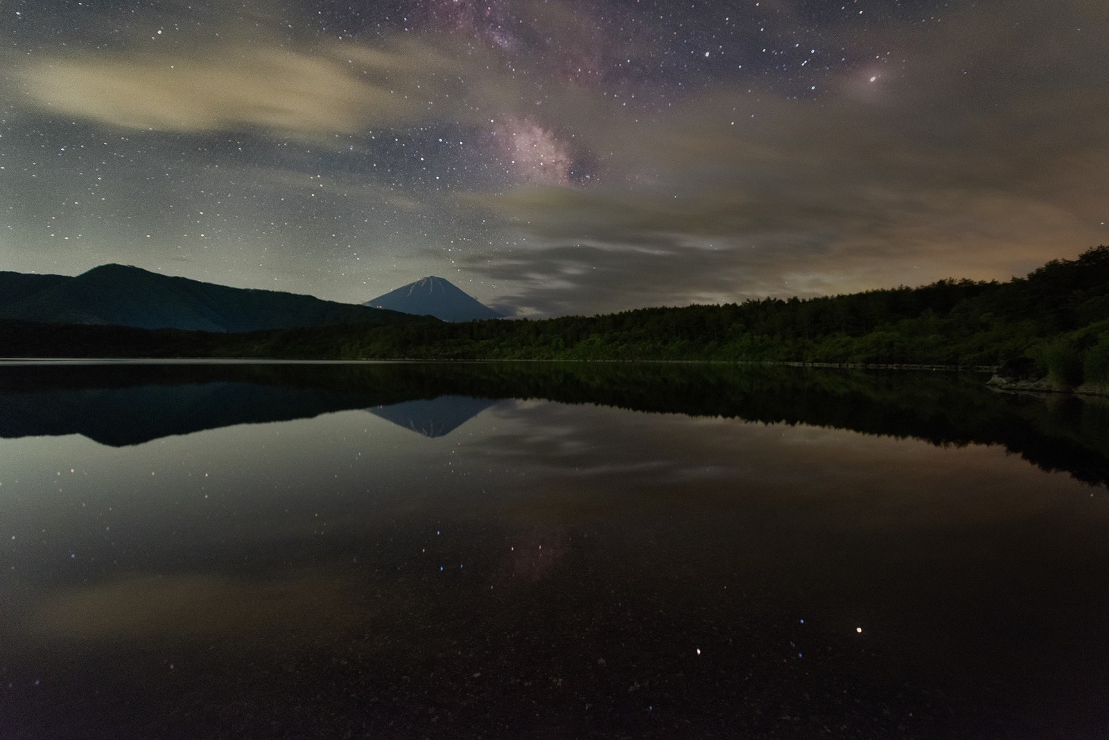 General 1600x1068 photography reflection mountains stars clouds night trees hills galaxy nature landscape sky