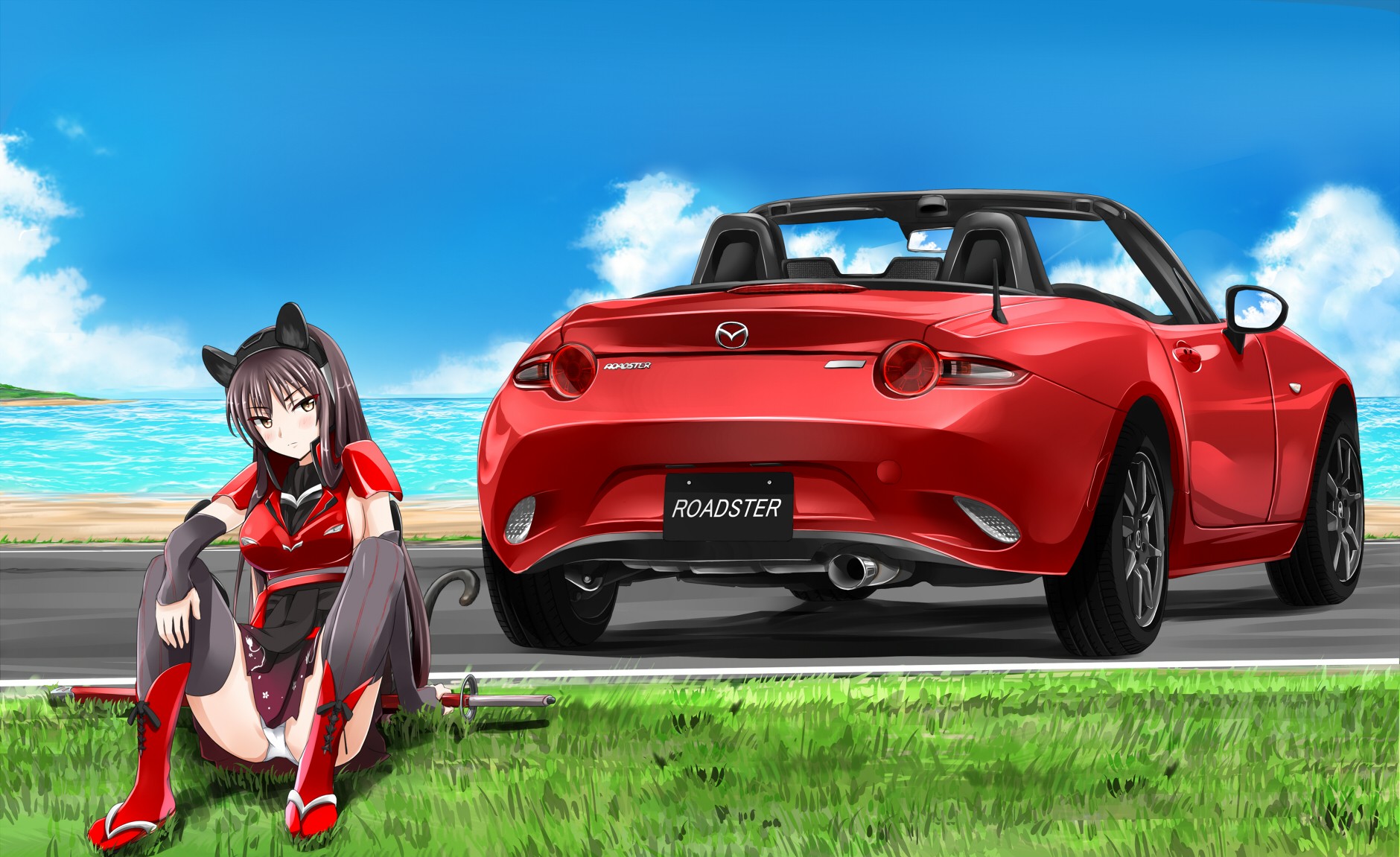 Anime 1880x1151 anime anime girls Mazda Roadster beach sky sea clouds long hair animal ears car grass Mazda MX-5 women with cars pantsu shot
