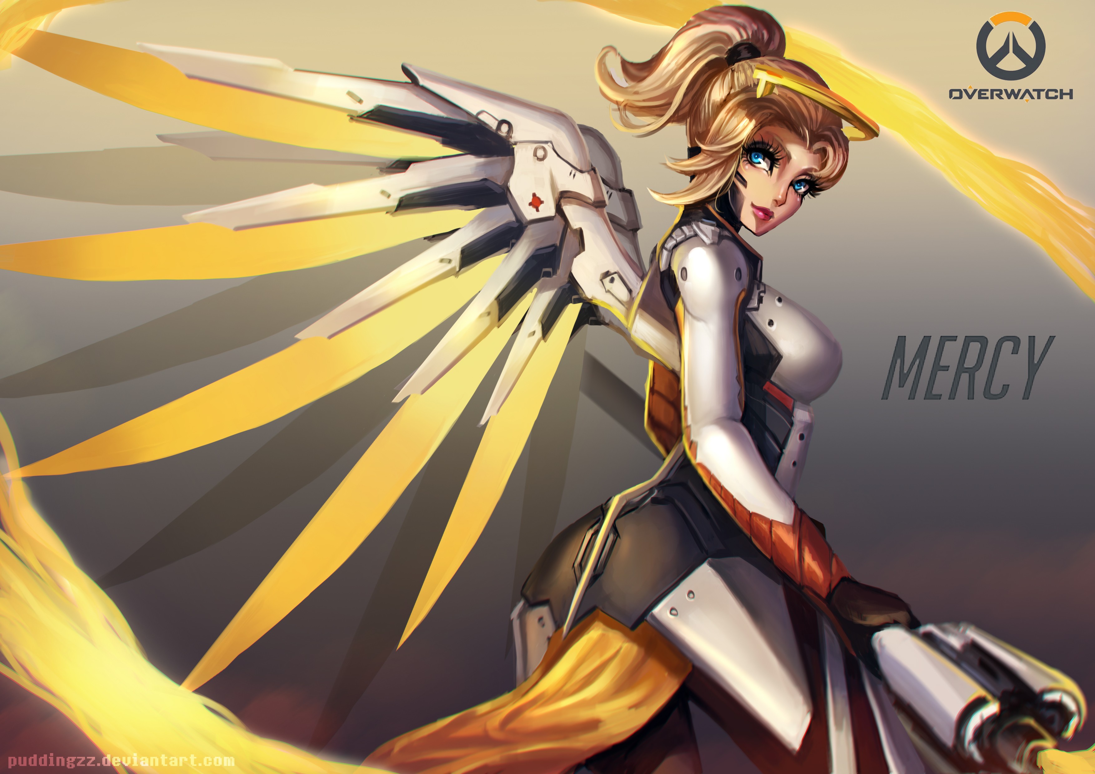 Anime 3508x2480 anime Overwatch Mercy (Overwatch) wings weapon blue eyes boobs big boobs long hair lipstick Pixiv fan art video game girls video game characters PC gaming girls with guns