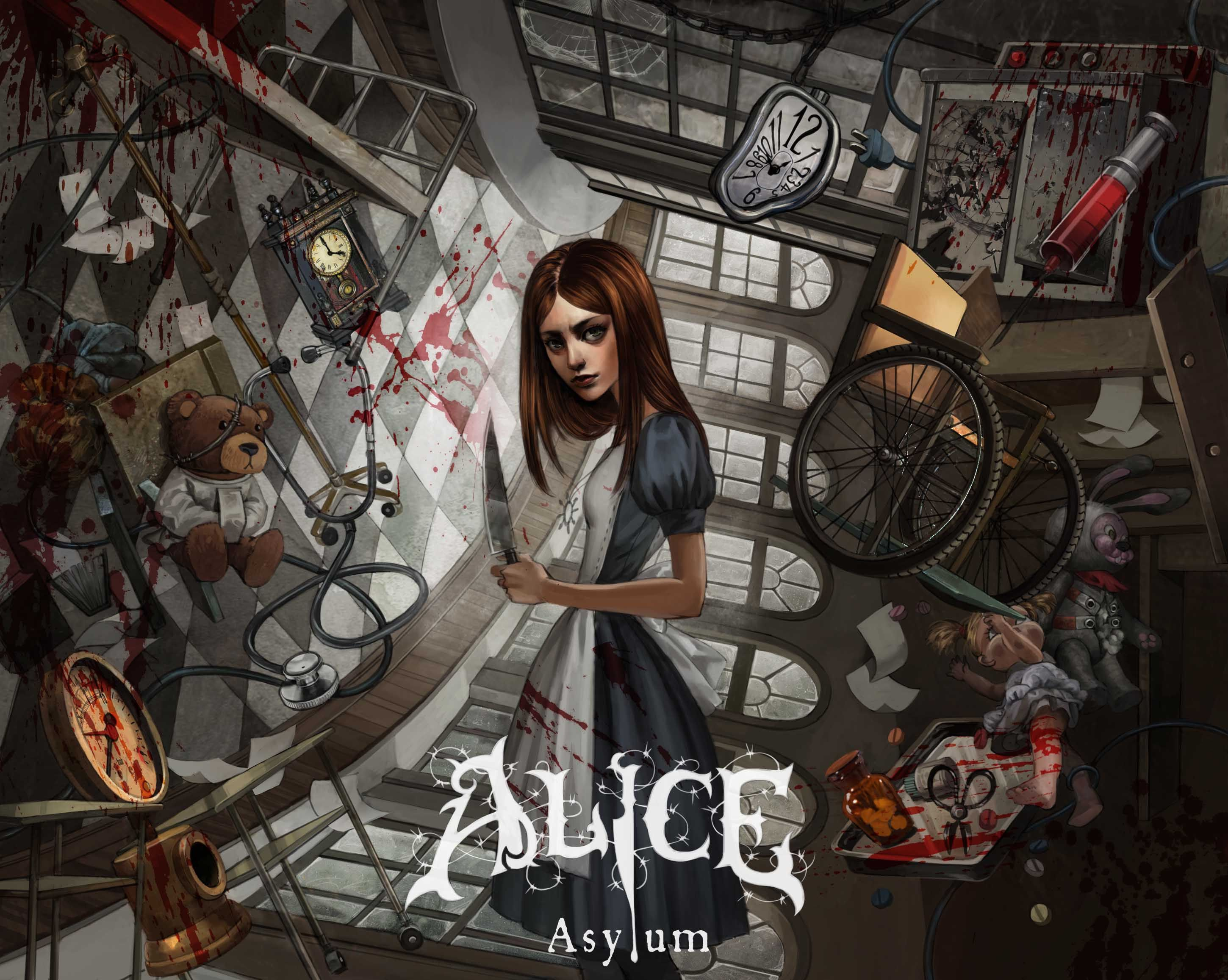 General 2899x2314 Alice Alice: Madness Returns American McGee's Alice video games Alice: Asylum book characters knife looking at viewer standing blood clocks time syringe checkered long hair short sleeves closed mouth wheelchair video game art tray shelves stethoscope pills doll scissors
