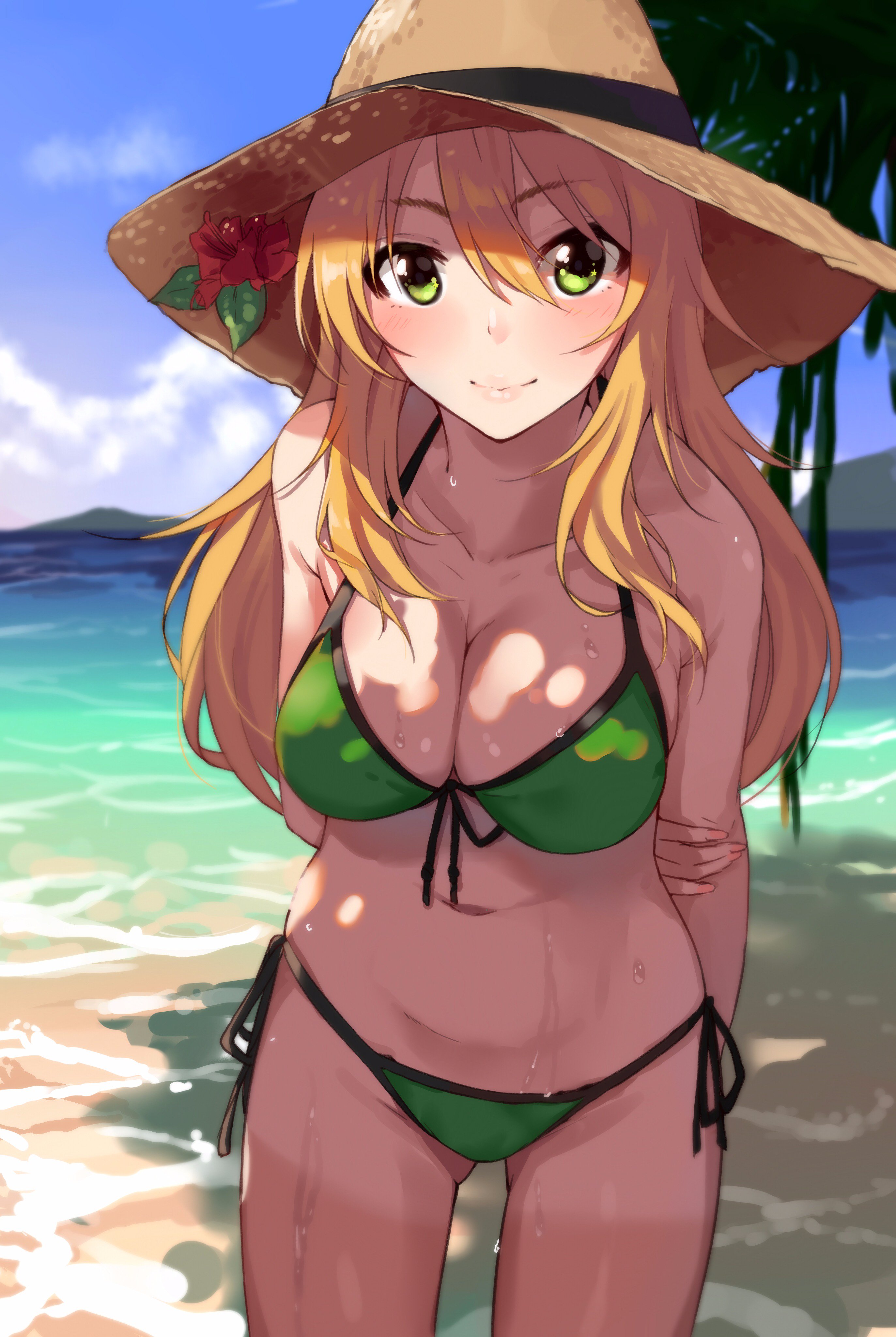 Anime 2746x4096 boobs cleavage bikini Hoshii Miki green swimsuit THE iDOLM@STER blonde wet body swimwear long hair hat