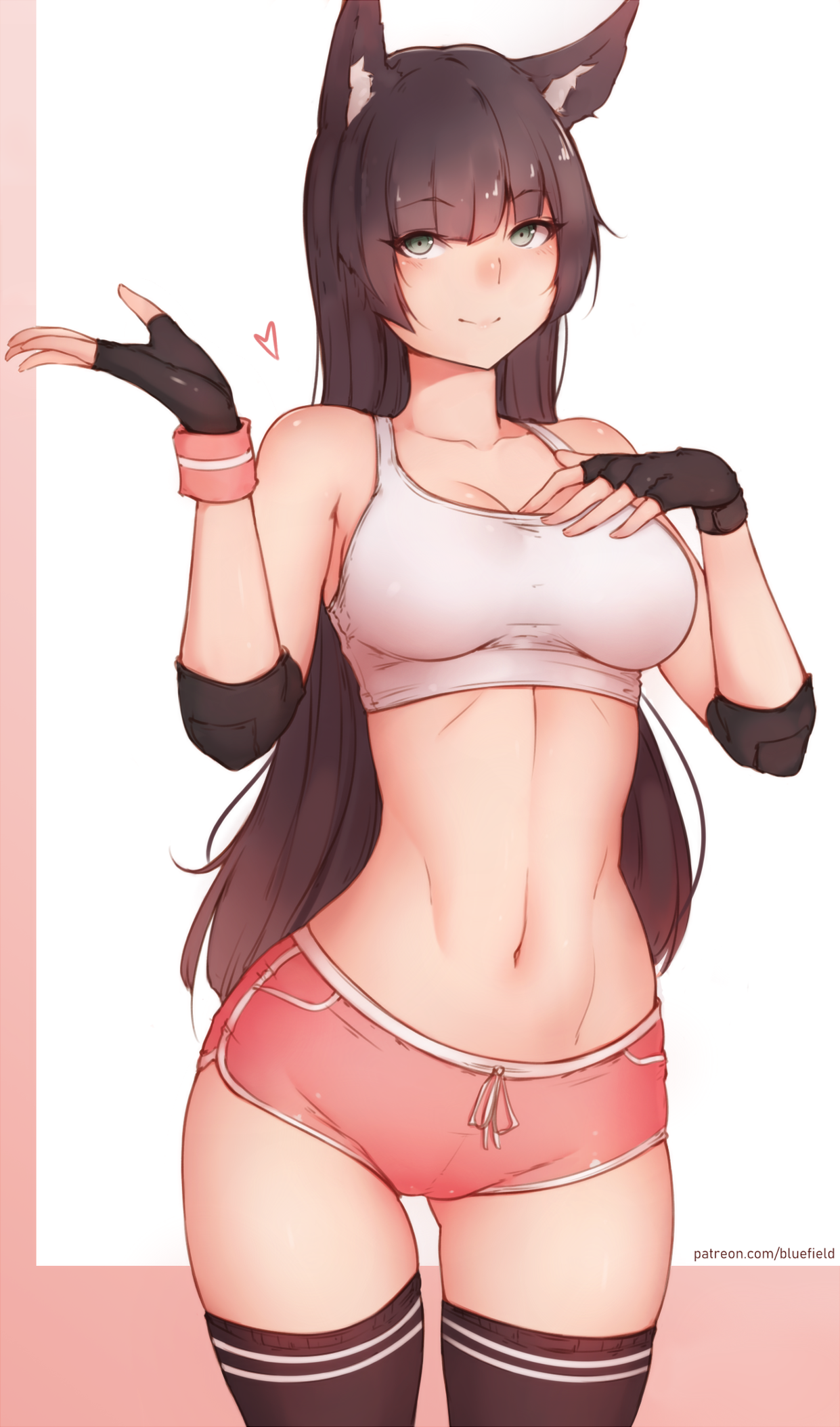 Anime 1241x2107 cleavage simple background white background boobs animal ears thigh-highs bluefield belly brunette gloves standing anime anime girls long hair short shorts sports bra