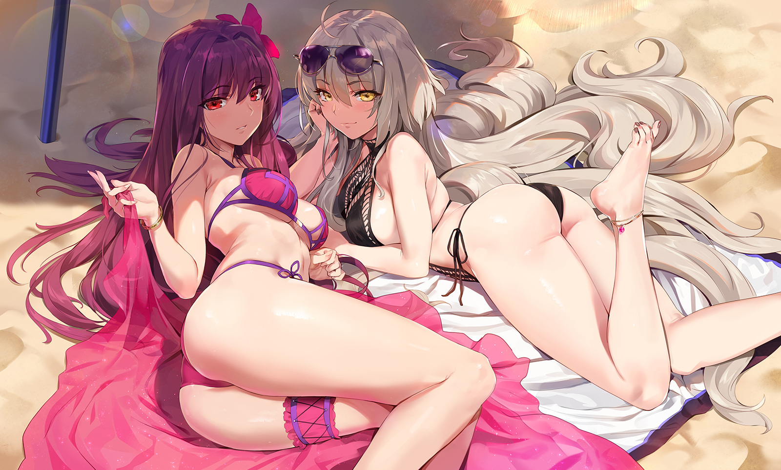 Anime 1600x963 Fate/Grand Order ass Jeanne (Alter) (Fate/Grand Order) anime girls Orange Maru Jeanne d'Arc (Fate) bikini Scathach looking at viewer hair between eyes smiling lying down lying on side lying on front long hair feet in face sun rays Fate series flower in hair leg garter anklet sunlight resting head sunglasses boobs beach women on beach pointed toes sand