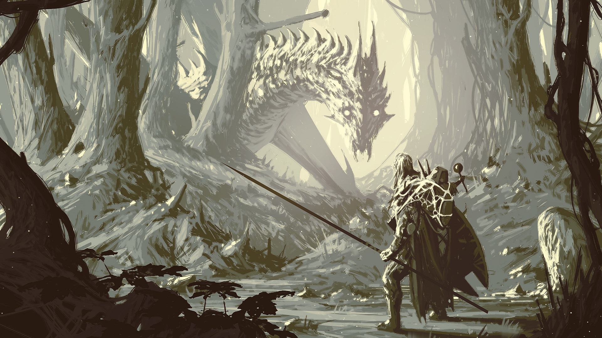 General 1920x1080 dragon Wyvern spear forest monochrome fantasy art mist