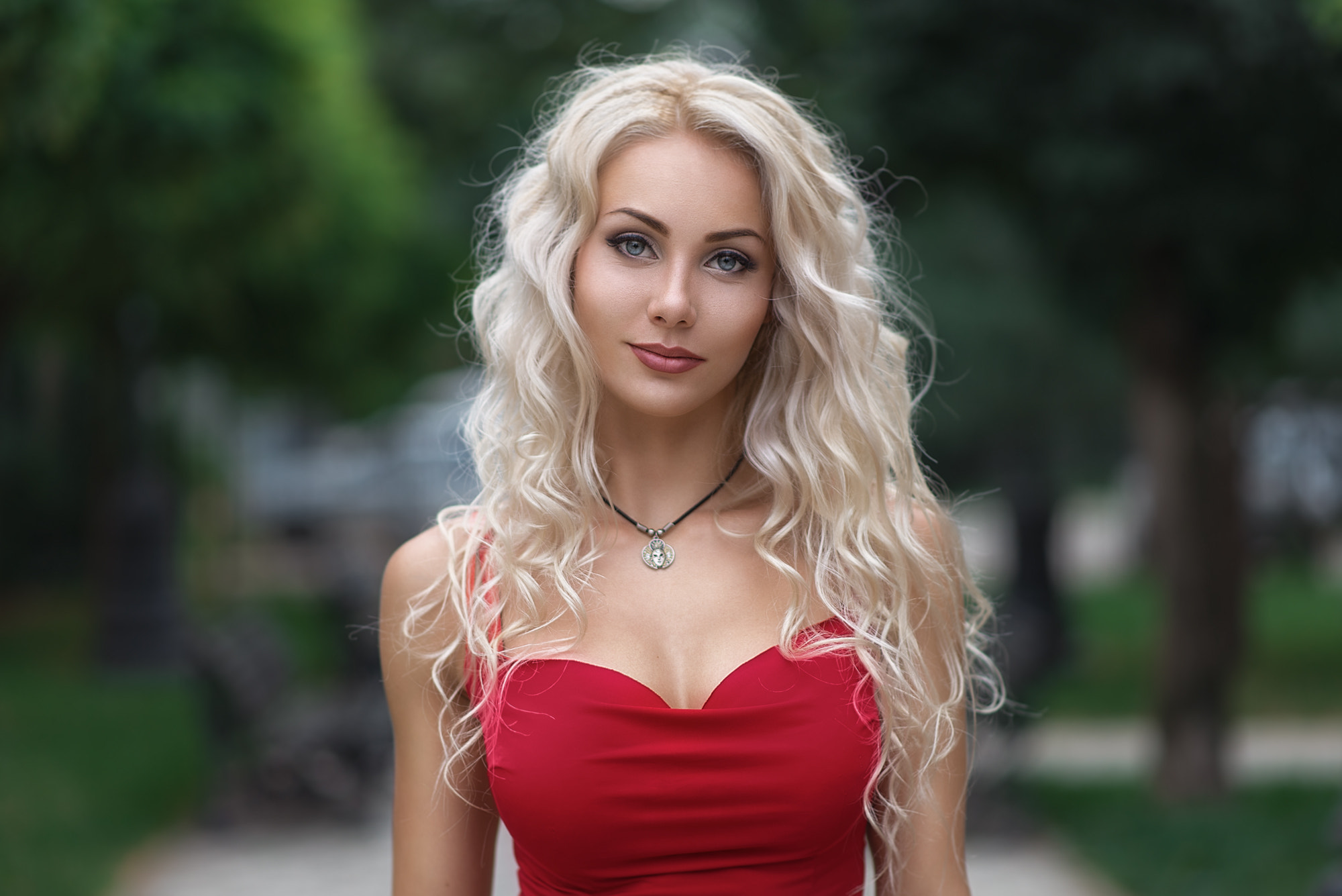 People 2000x1335 women blonde red dress tight dress portrait necklace trees women outdoors wavy hair Galyaev Evgeniy Anna Khachaturova