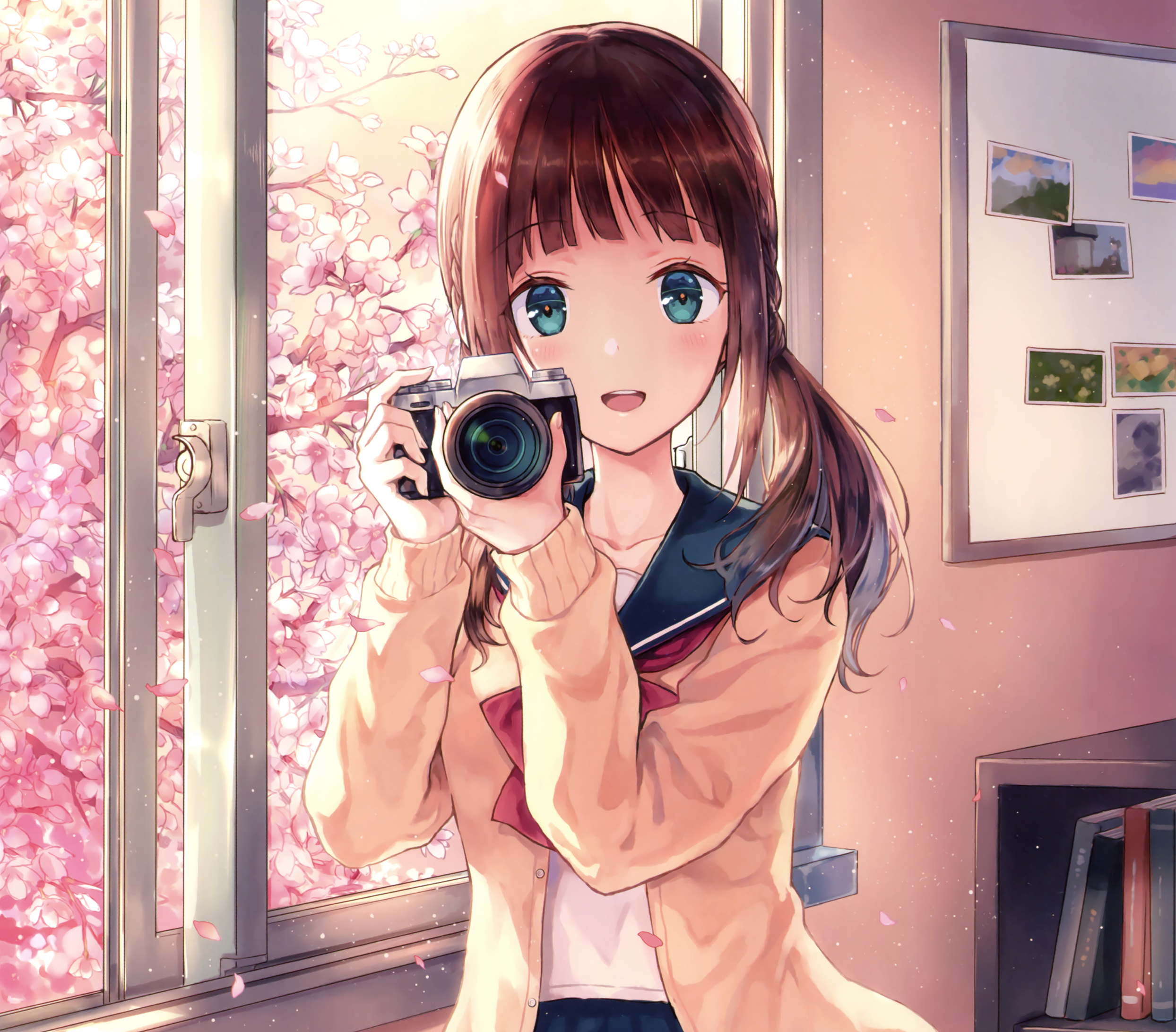 Anime 2488x2184 anime anime girls original characters brunette twintails camera green eyes cherry blossom school uniform smiling artwork Hiten women indoors looking at viewer open mouth