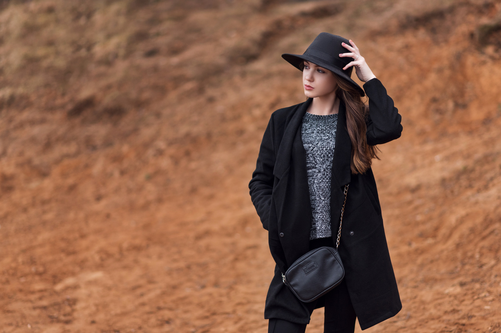 People 2048x1365 women model black coat hat millinery looking away hands in pockets grey sweater black pants brunette long hair looking into the distance women with hats black hat open coat coats sweater closed mouth