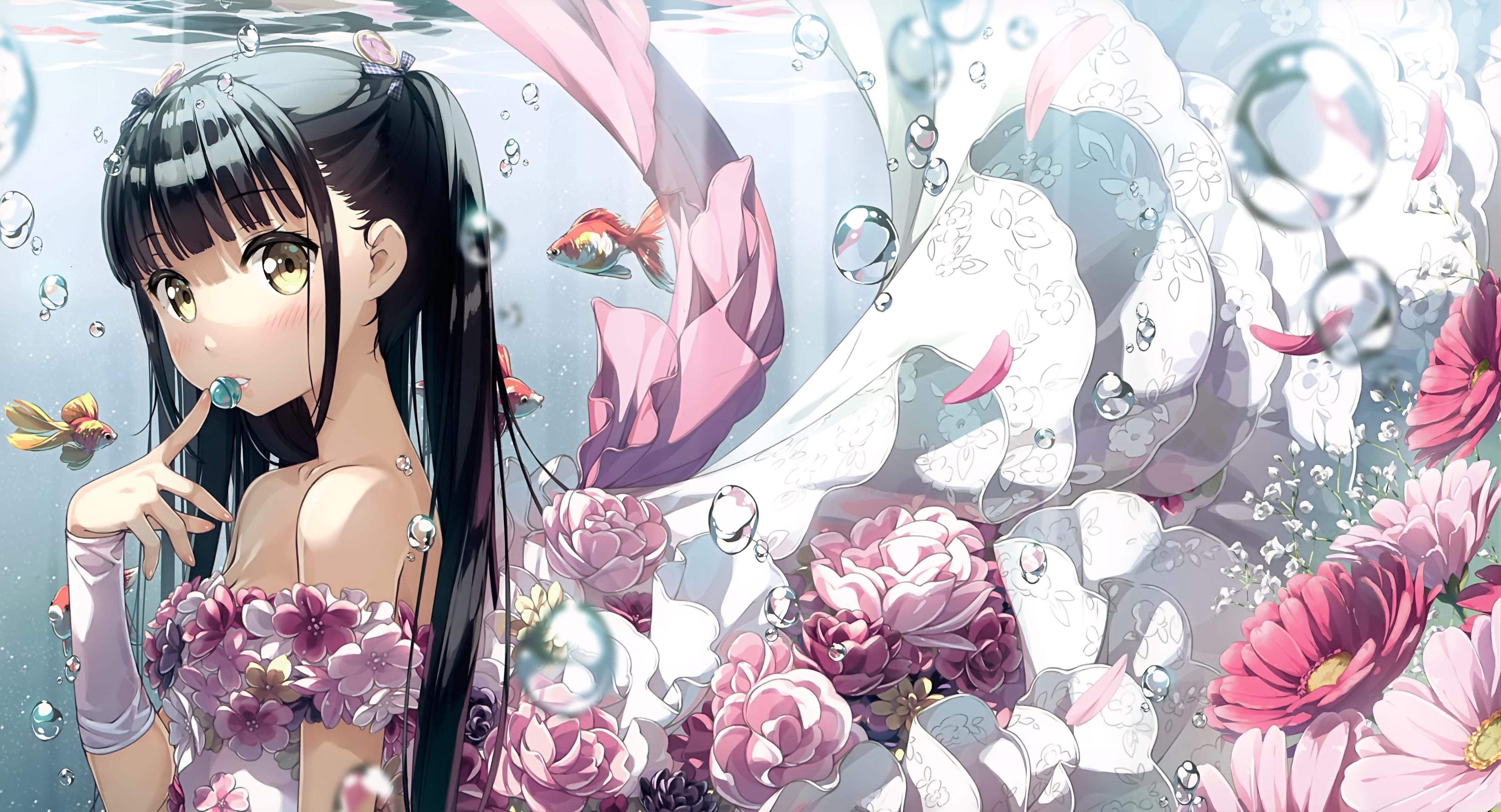 Anime 3972x2149 Kantoku underwater anime girls dress bare shoulders dark hair flowers yellow eyes bubbles looking back black hair fish