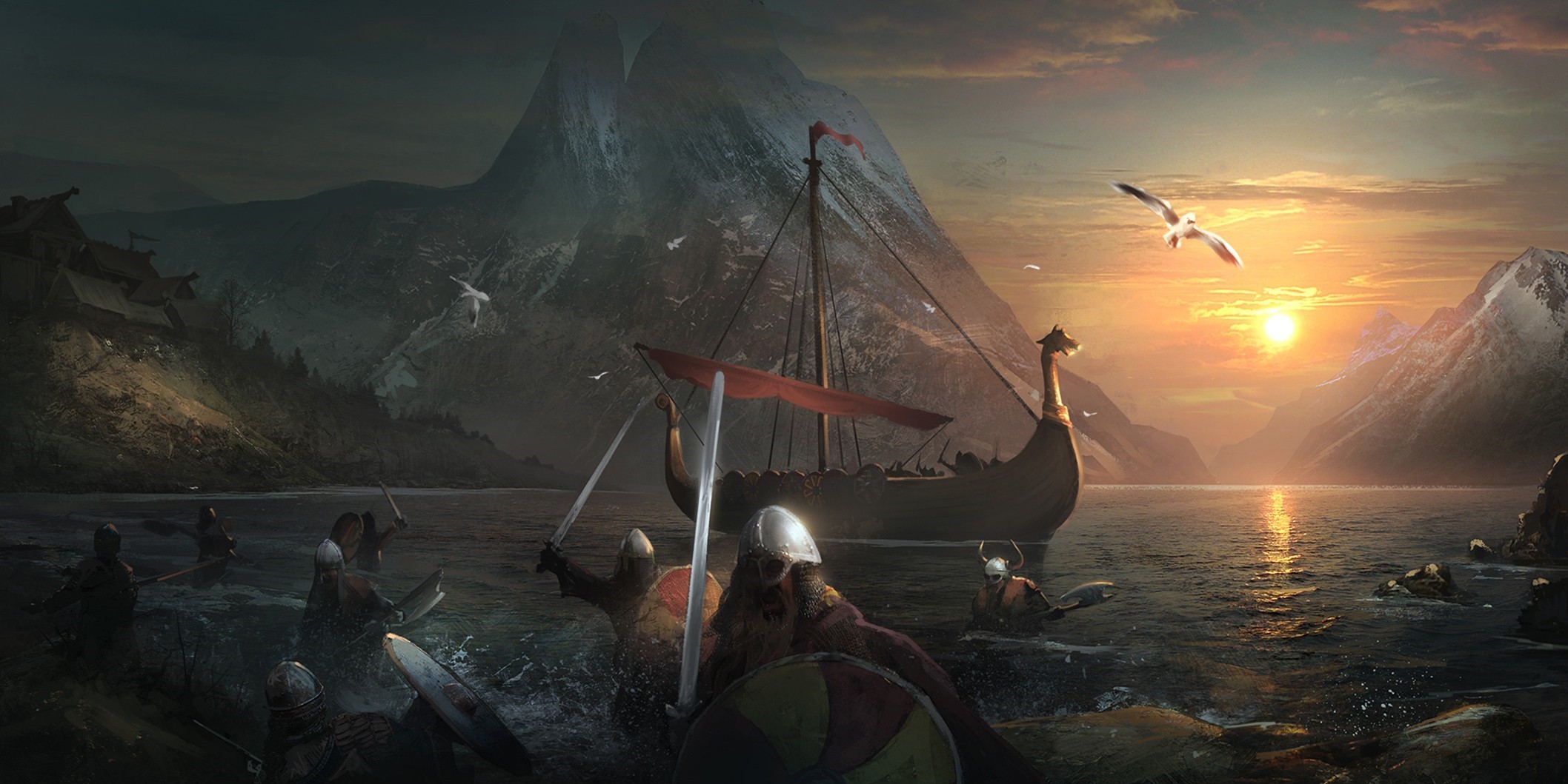 General 2116x1059 fantasy art warrior artwork Vikings boat sword landscape men mountains
