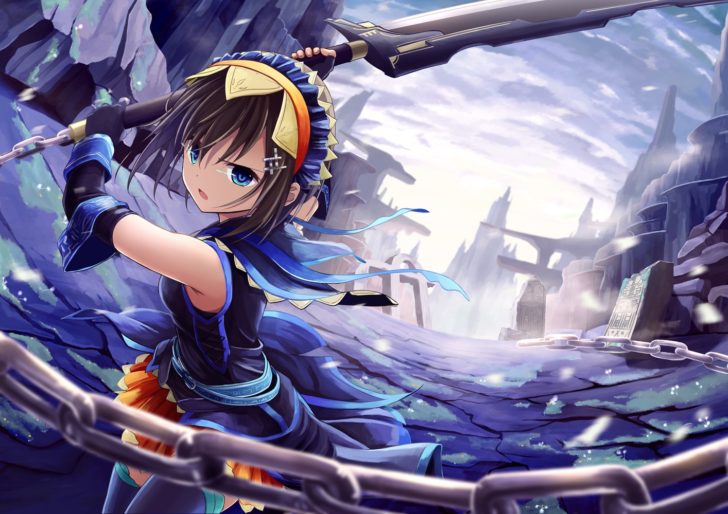 Anime 1414x1000 anime girls sword chains original characters anime angry brunette blue eyes open mouth weapon women with swords fantasy art fantasy girl