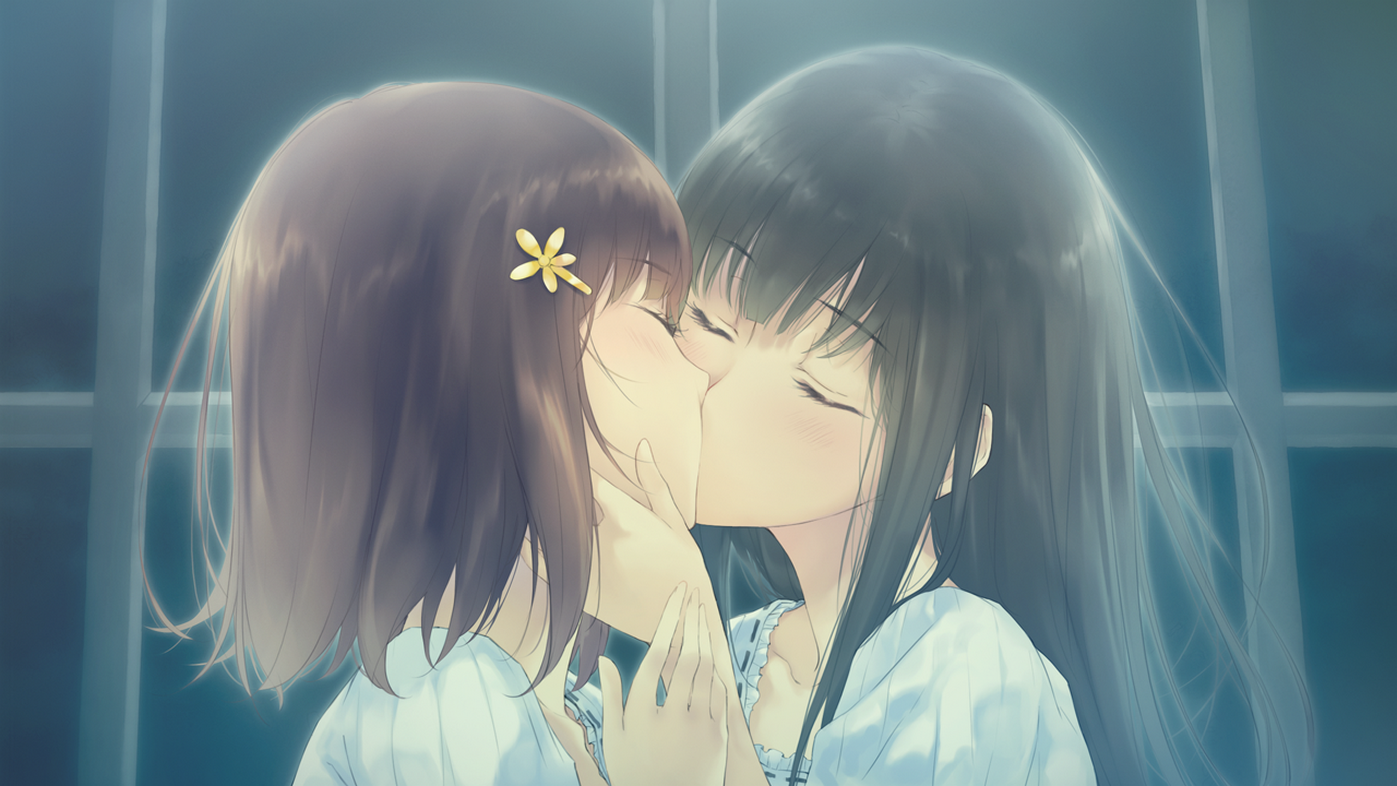 Anime 1397x786 anime girls Kousaka Mayuri Shirahane Suou Innocent Grey lesbians kissing brunette dark hair flower in hair two women anime long hair closed eyes