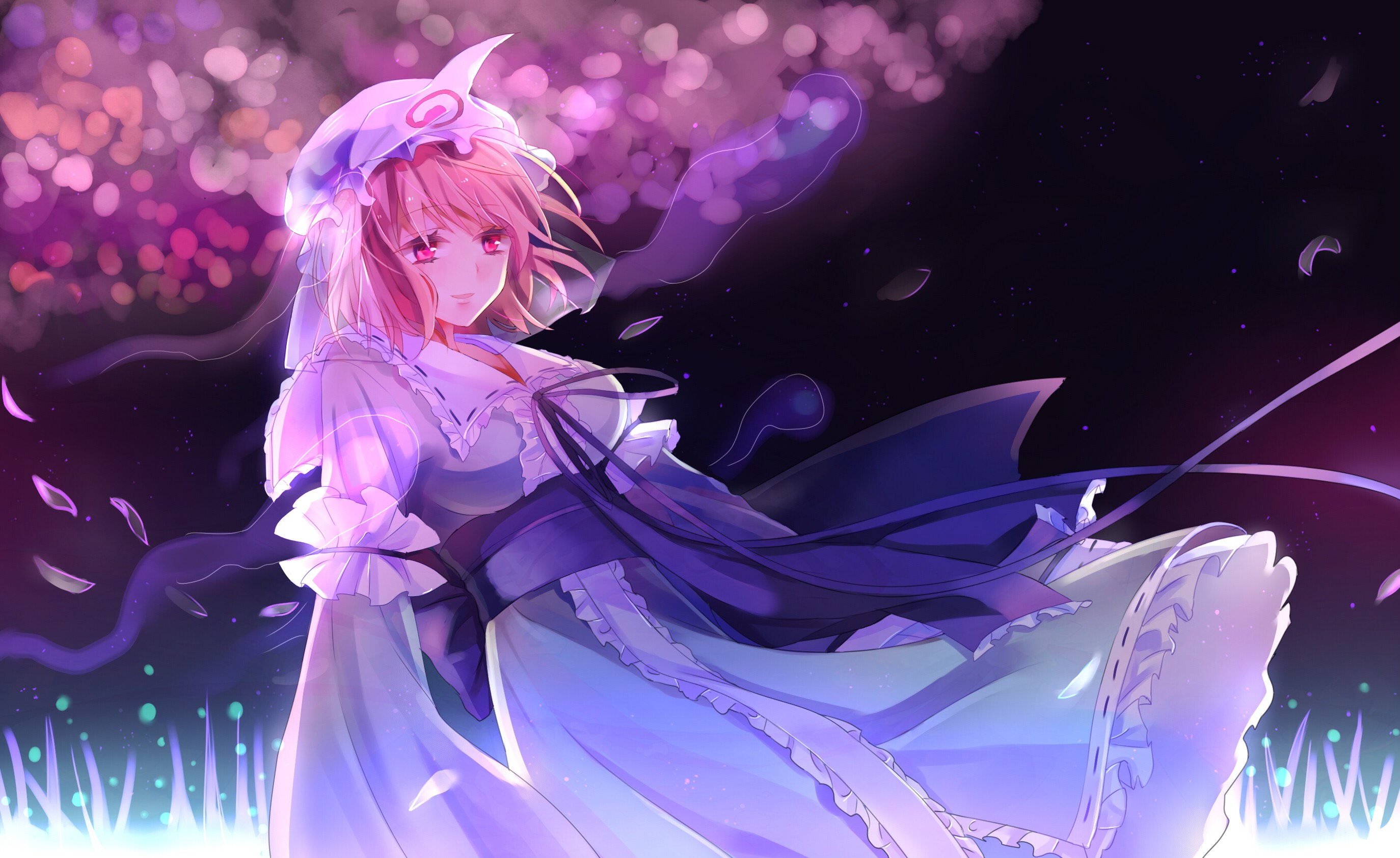 Anime 2748x1684 Touhou Saigyouji Yuyuko fantasy art Pixiv anime girls pink eyes hair blowing in the wind petals pink hair looking away parted lips dress frills anime long sleeves backlighting Japanese clothes leaves stars night sky grass sash hat