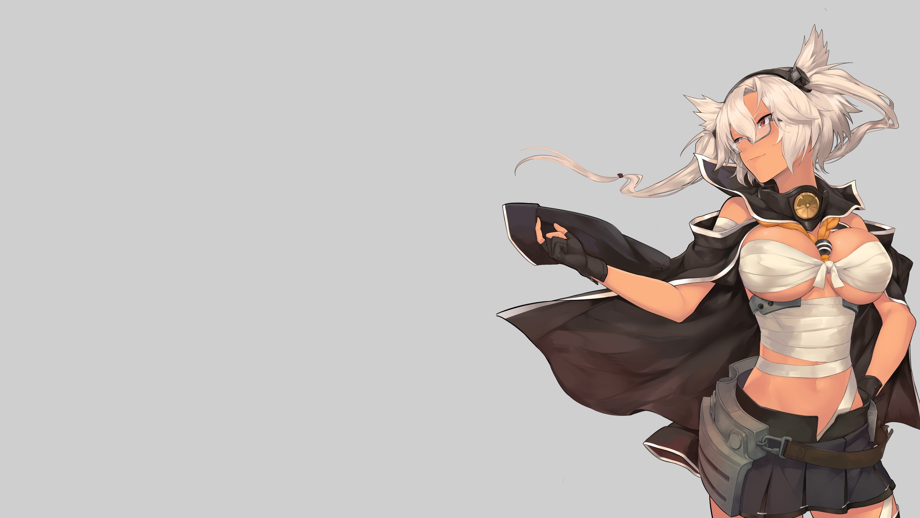 Anime 3500x1969 anime anime girls Musashi (KanColle) bandages glasses gloves Kantai Collection dark skin ash blonde sarashi open clothes big boobs boobs belly simple background curvy