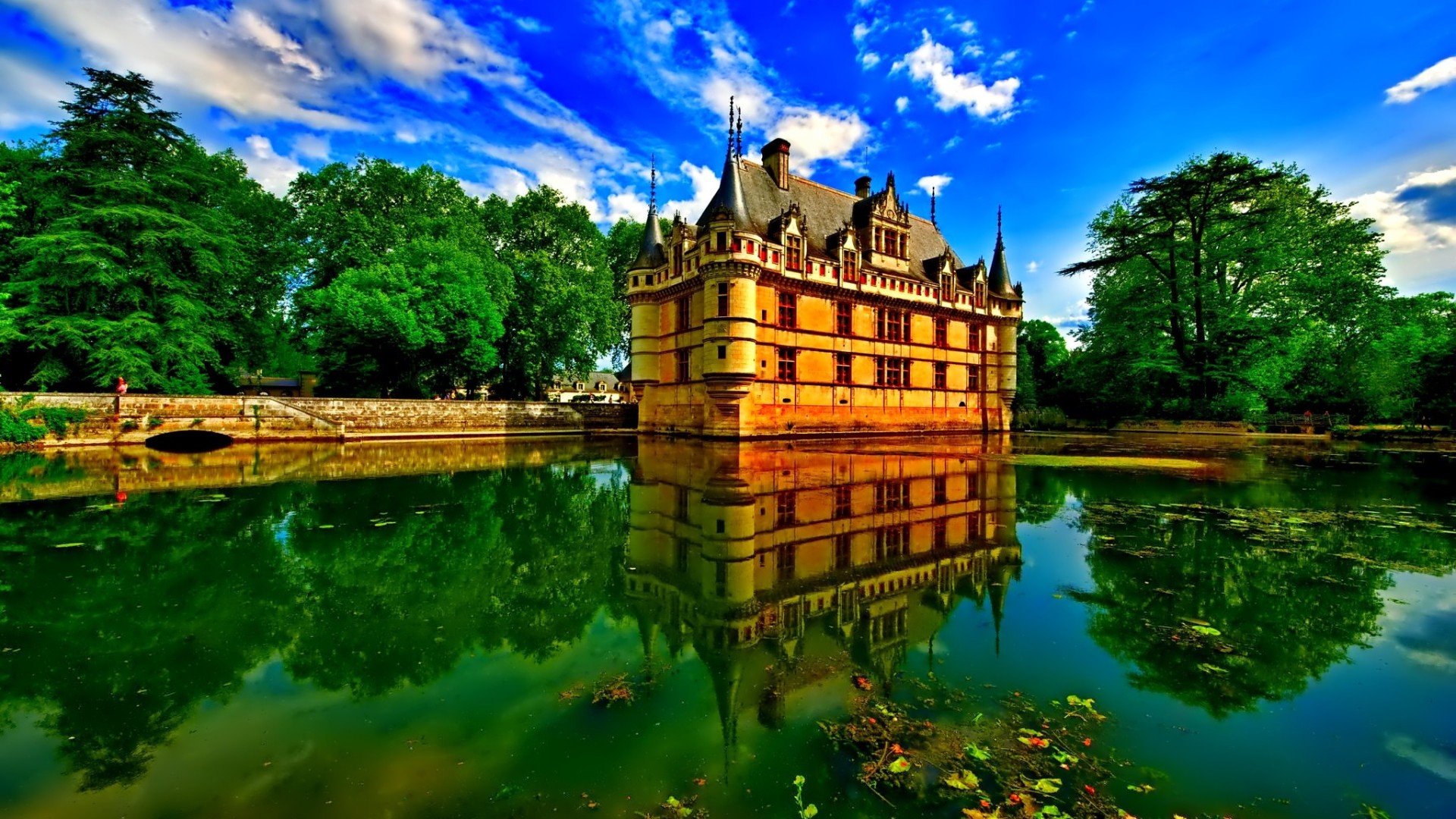 General 1920x1080 architecture castle water clouds lake reflection trees leaves wall house sky
