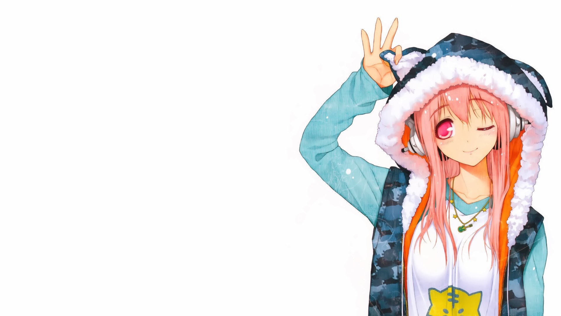 Anime 1920x1080 Super Sonico anime girls hoods headphones pink hair anime simple background arms up necklace white background pink eyes one eye closed
