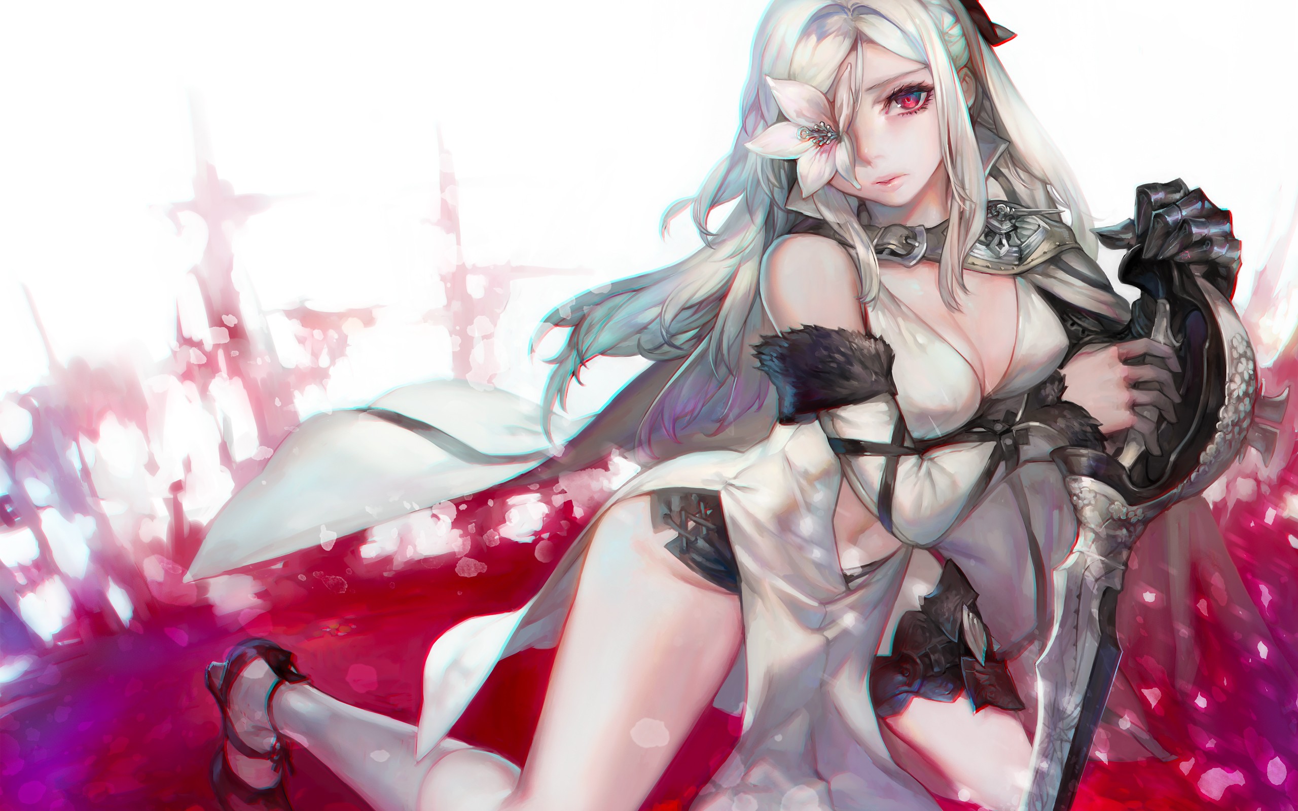 Anime 2560x1600 anime anime girls armor cleavage belly button sword weapon flowers Aoin Drakengard boobs thighs legs Pixiv fantasy art fantasy girl long hair women with swords