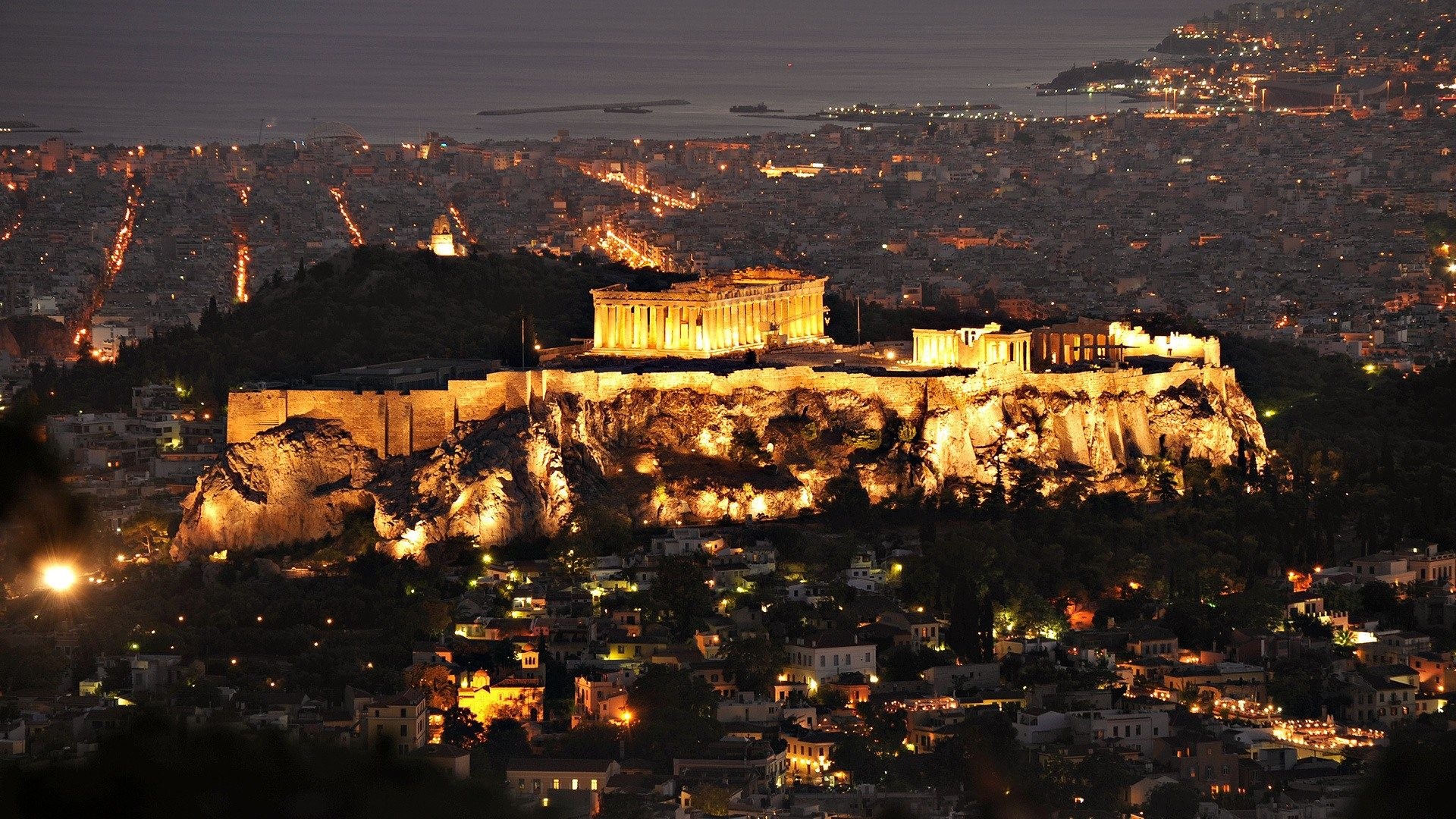 General 1920x1080 architecture old building lights evening city Athens Greece cityscape rocks acropolis hills sea house history column trees street aerial view