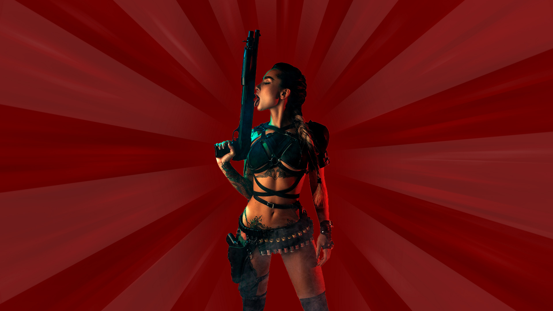 People 1920x1080 Angelica Anderson red shotgun women girls with guns Lara Croft (Tomb Raider) red background video game girls model video game characters licking ammunition dark hair open mouth belly inked girls