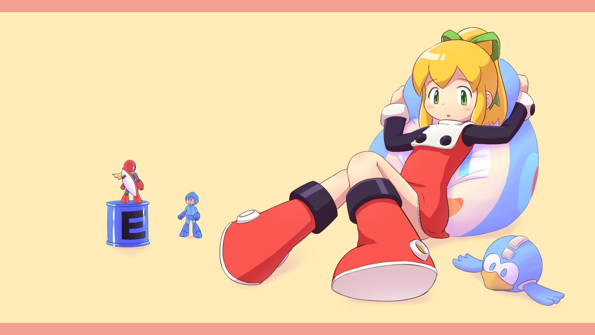 Anime 1920x1080 anime girls toys red blonde Mega Man Roll  simple background video game art yellow background