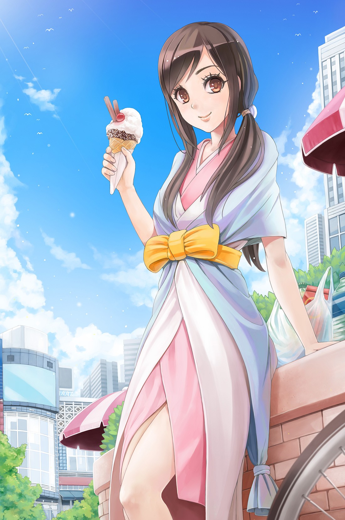 Anime 1100x1660 anime anime girls long hair ice cream city brown eyes food sweets legs smiling women outdoors urban slim body looking at viewer Pixiv