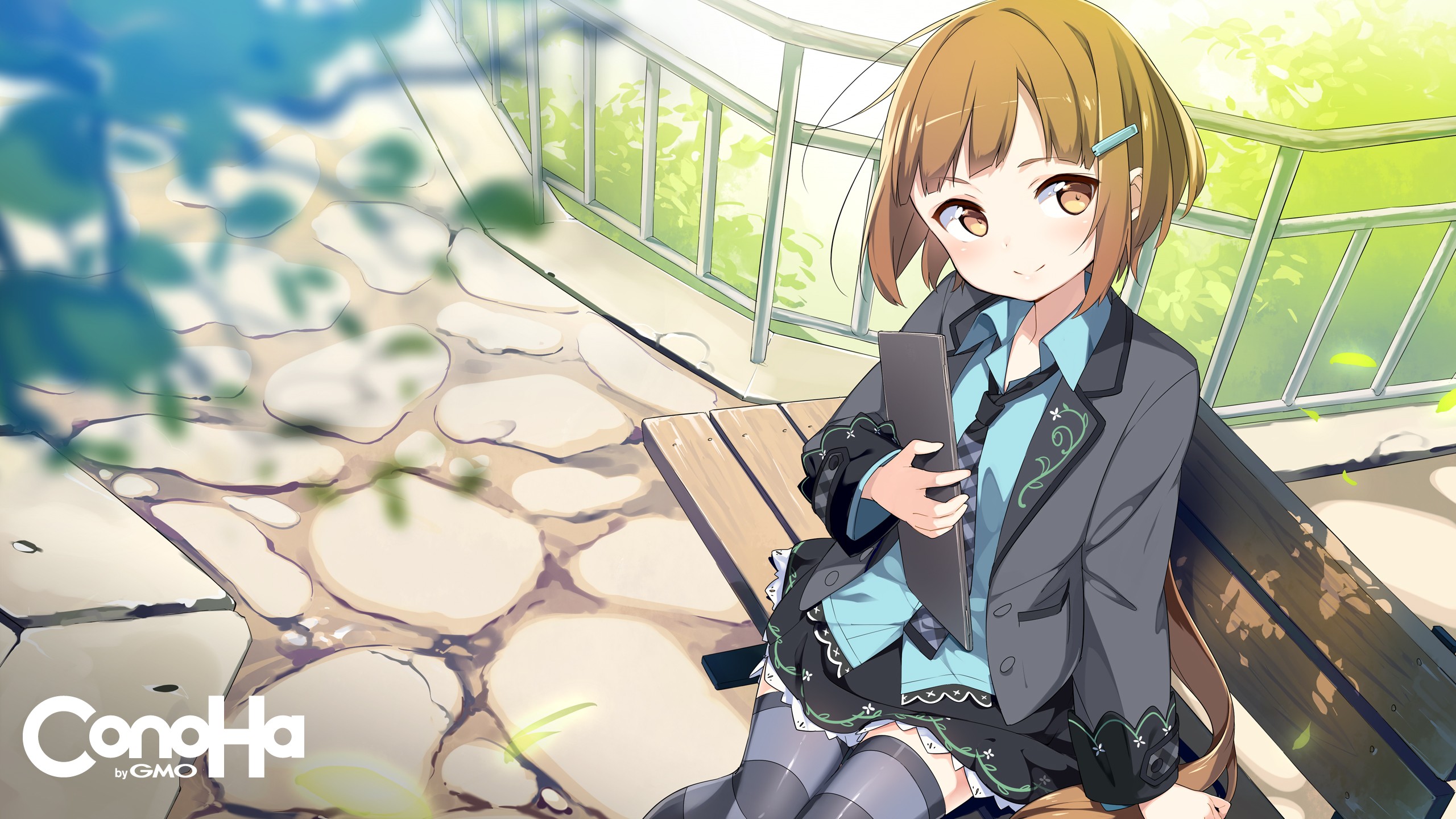 Anime 2560x1440 anime anime girls Mikumo Conoha tie smiling bench sitting striped stockings shoulder length hair