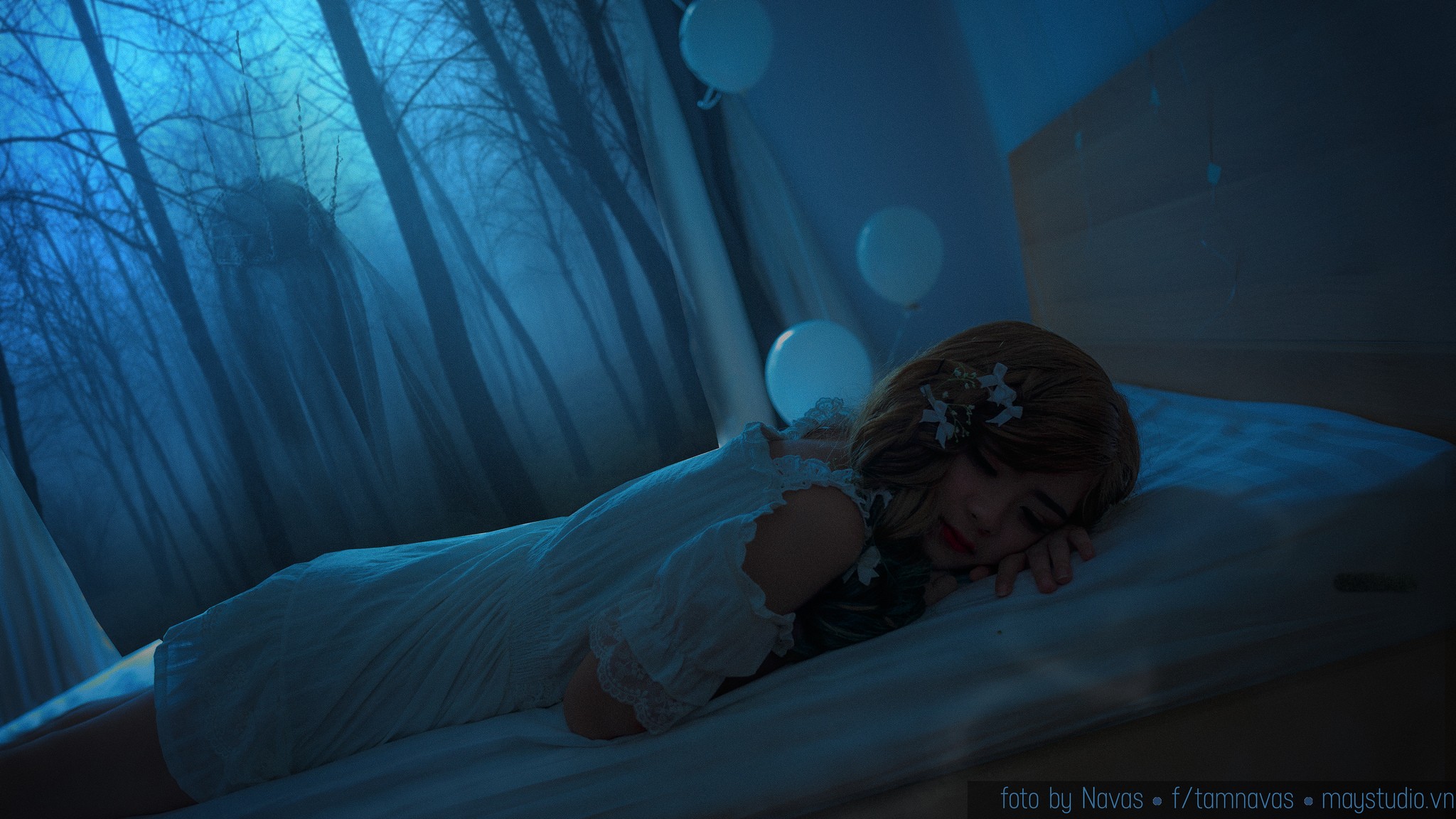 People 2048x1152 spooky cyan night ghost blue lying on front women watermarked women indoors indoors model flower in hair in bed bed bedroom