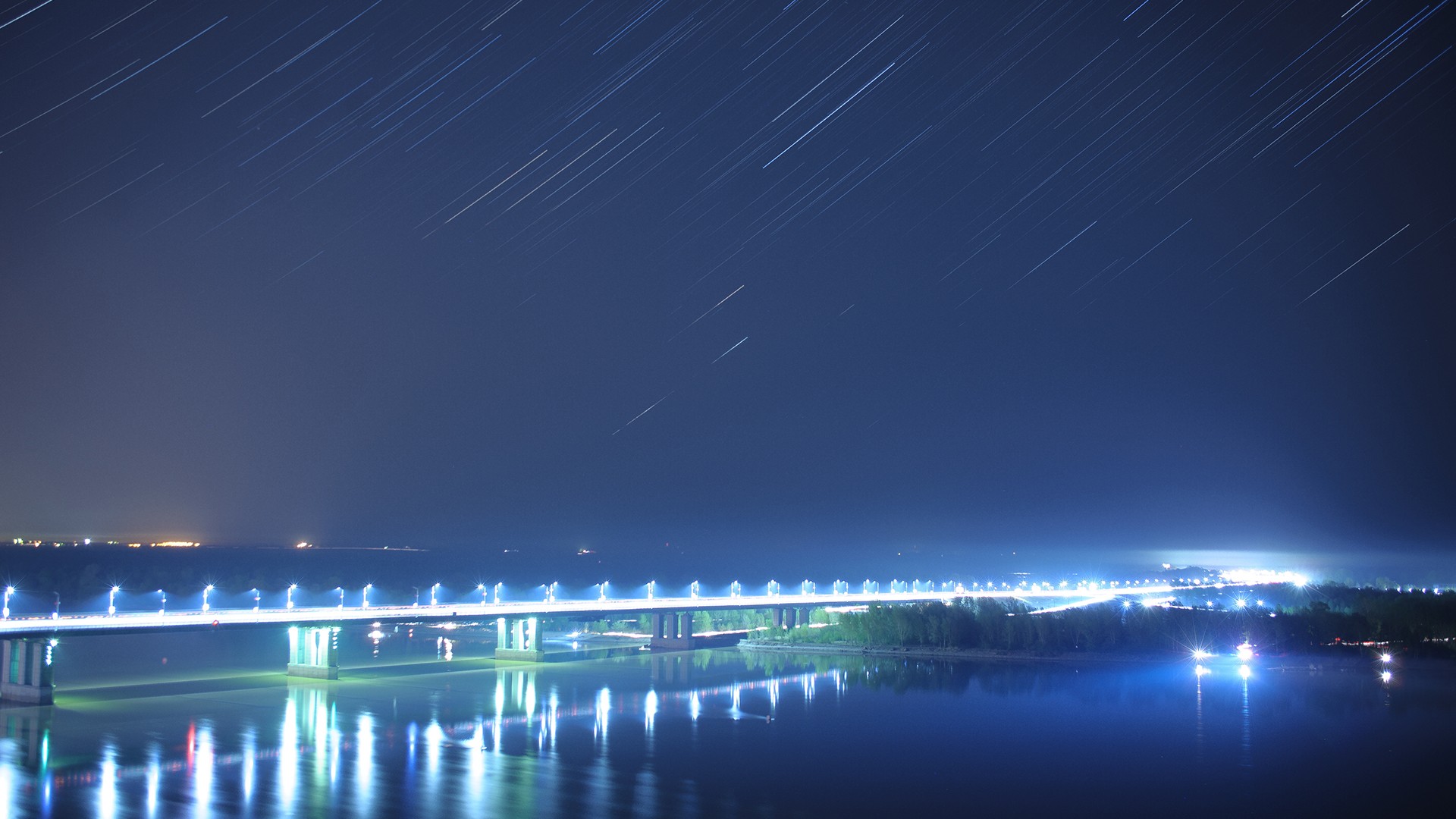 General 1920x1080 city bridge night stars lights reflection river urban traffic sky long exposure
