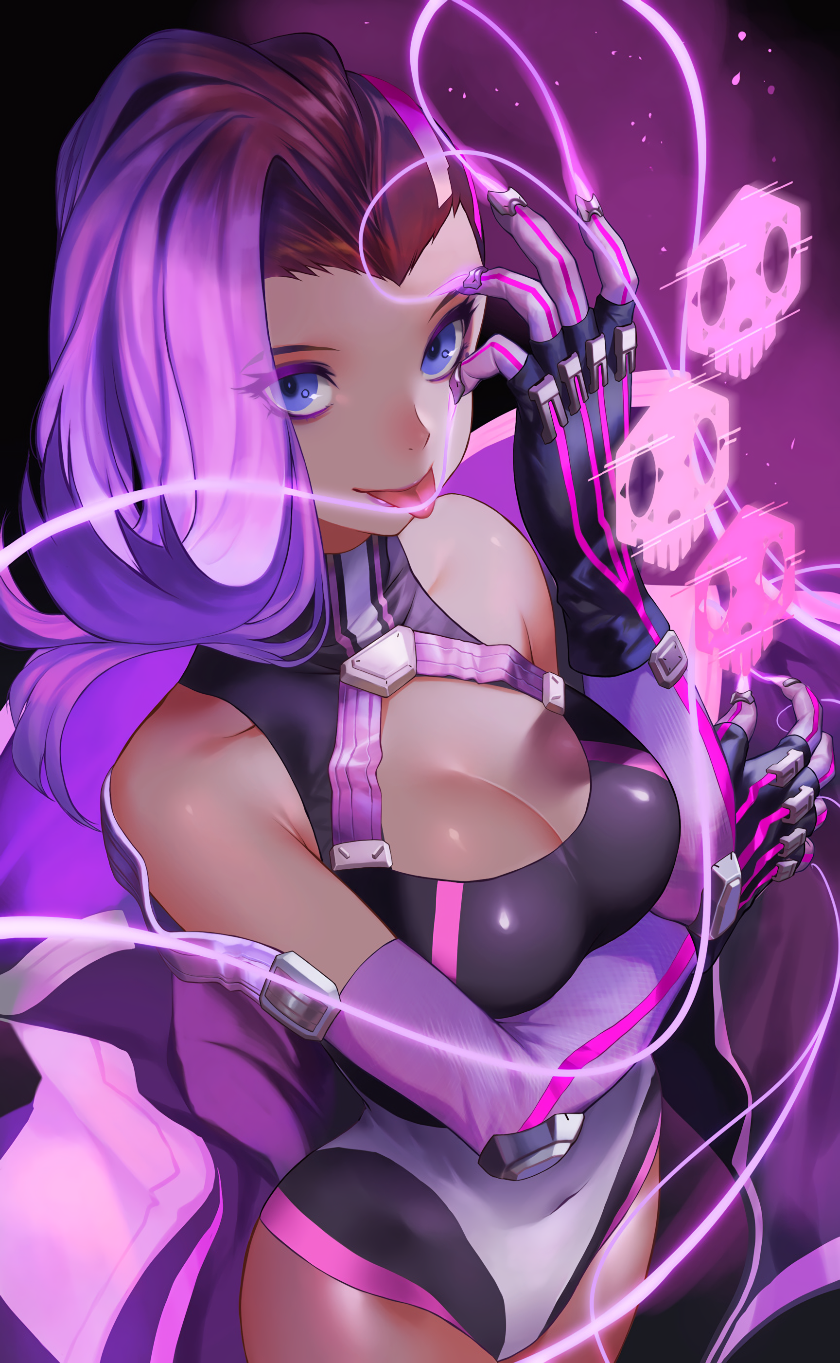 Anime 1728x2802 anime anime girls Overwatch long hair pink eyes Sombra (Overwatch) pink hair blue eyes open shirt bodysuit cleavage dark skin tongue out