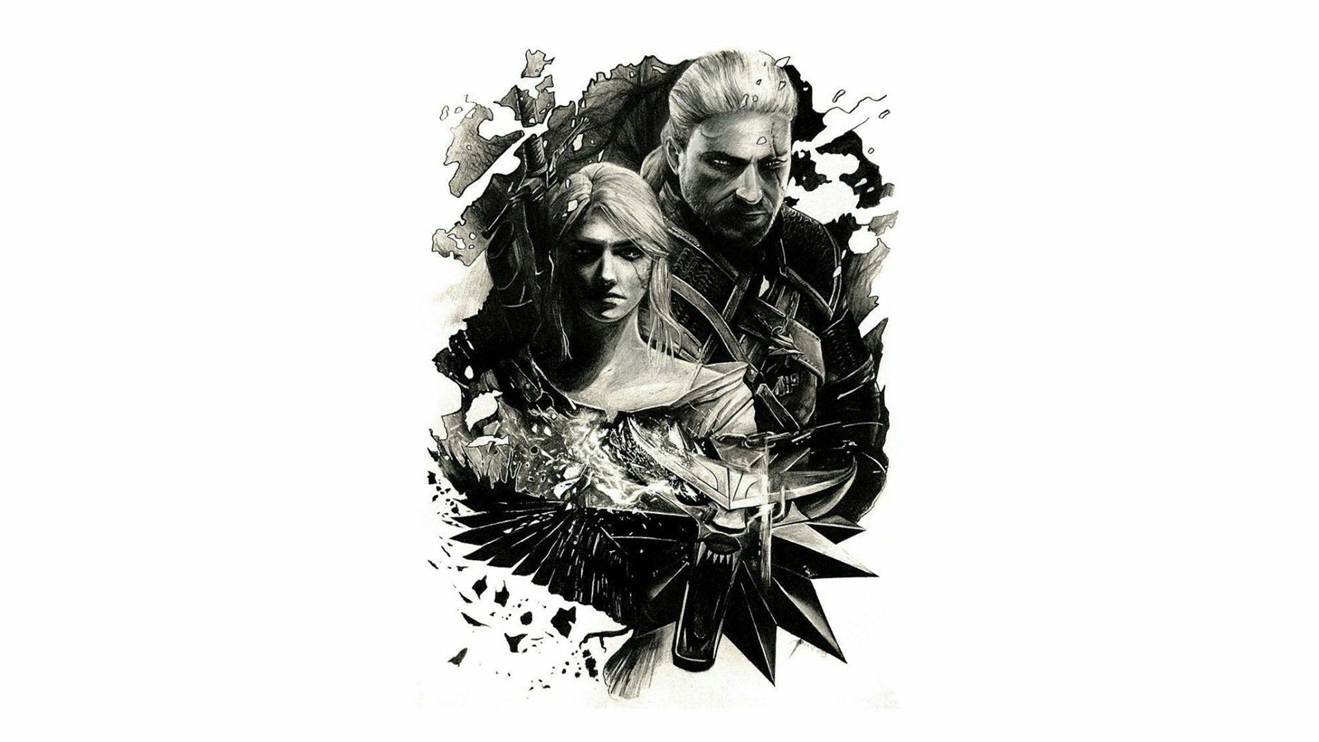 General 1920x1080 Cirilla Fiona Elen Riannon Geralt of Rivia The Witcher The Witcher 3: Wild Hunt simple background monochrome frontal view video games video game characters CD Projekt RED Book characters