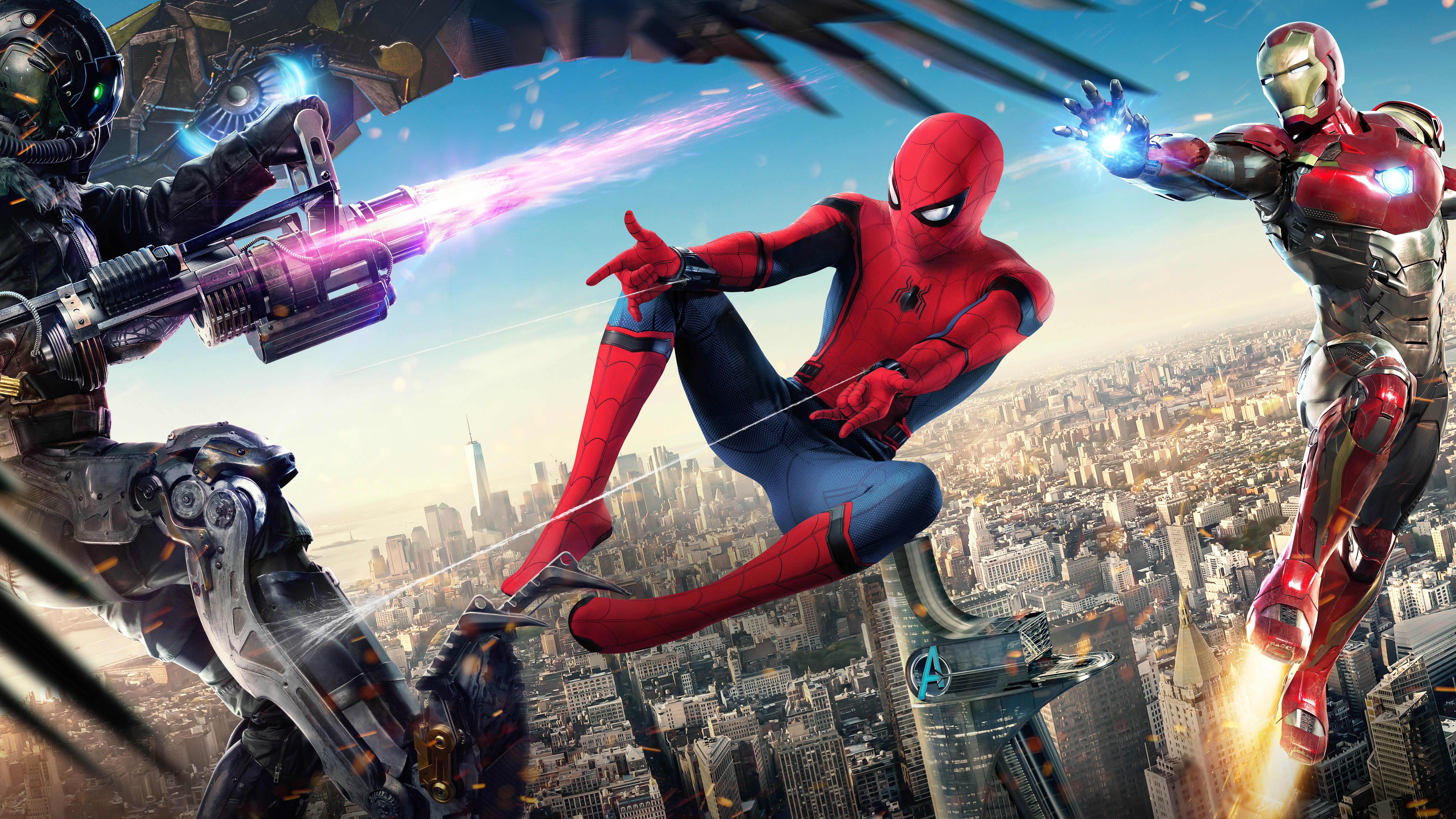 General 7680x4320 Iron Man cityscape Spider-Man Spider-Man: Homecoming superhero Marvel Comics