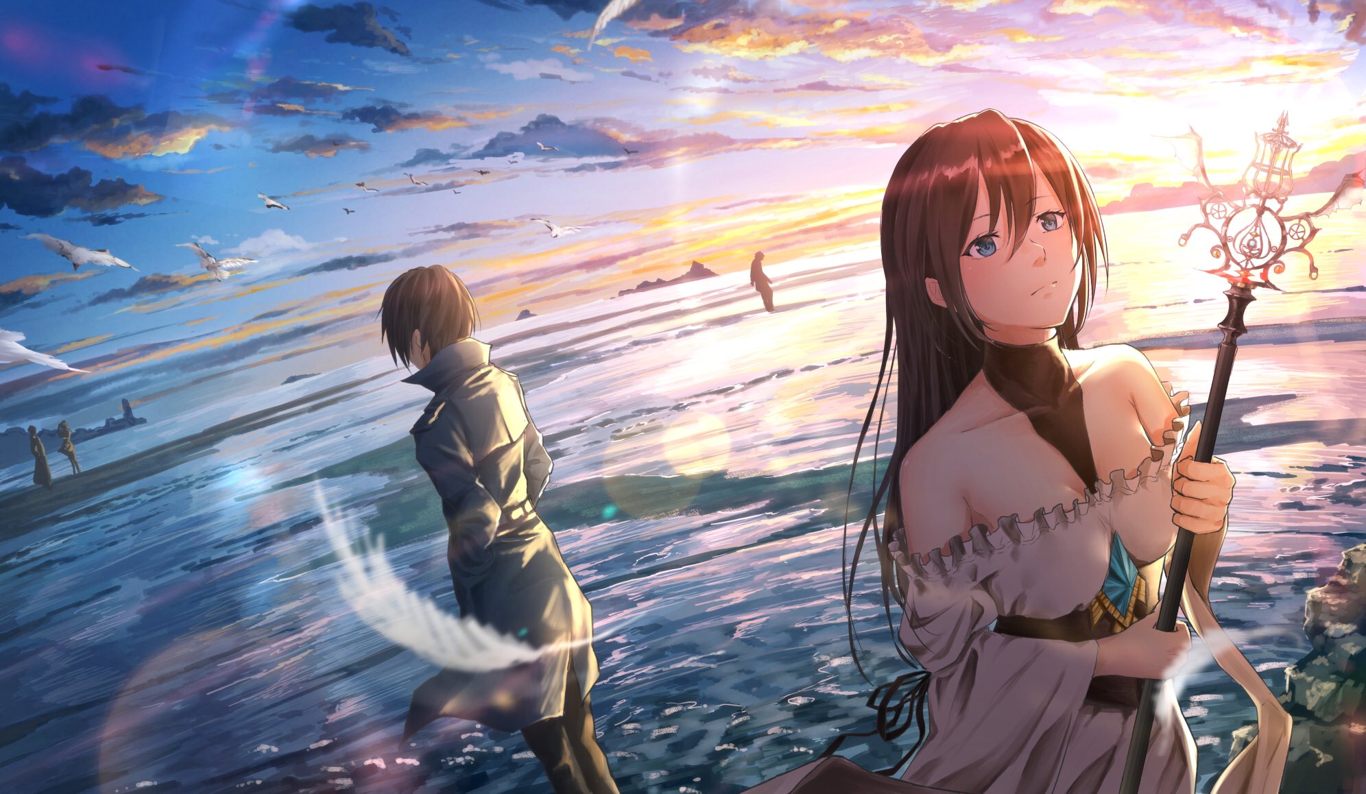 Anime 1992x1158 anime anime girls original characters long hair looking into the distance water sky clouds staff feathers dress bare shoulders