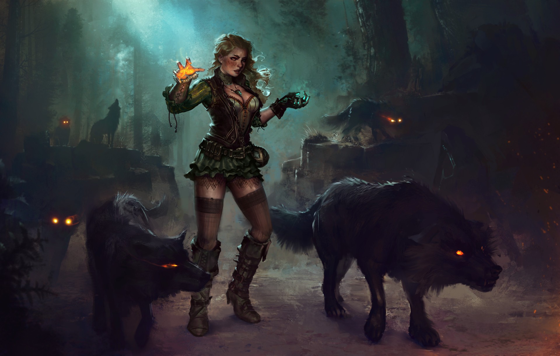 General 1920x1222 fantasy art magic cleavage women artwork thighs glowing eyes howling forest stockings knee-high boots fantasy girl creature