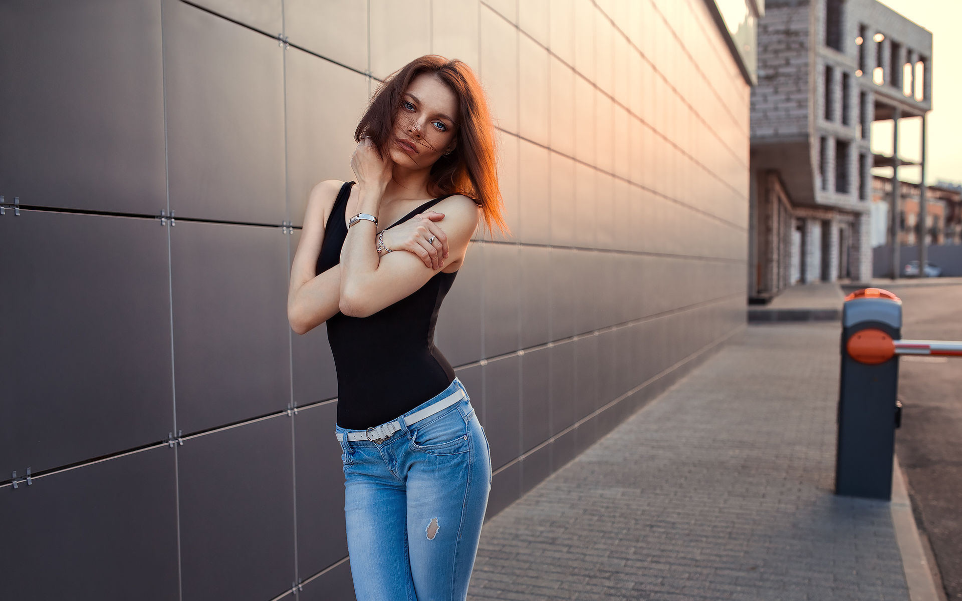 People 1920x1200 Dmitry Shulgin Katya tank top black top women model brunette jeans women outdoors