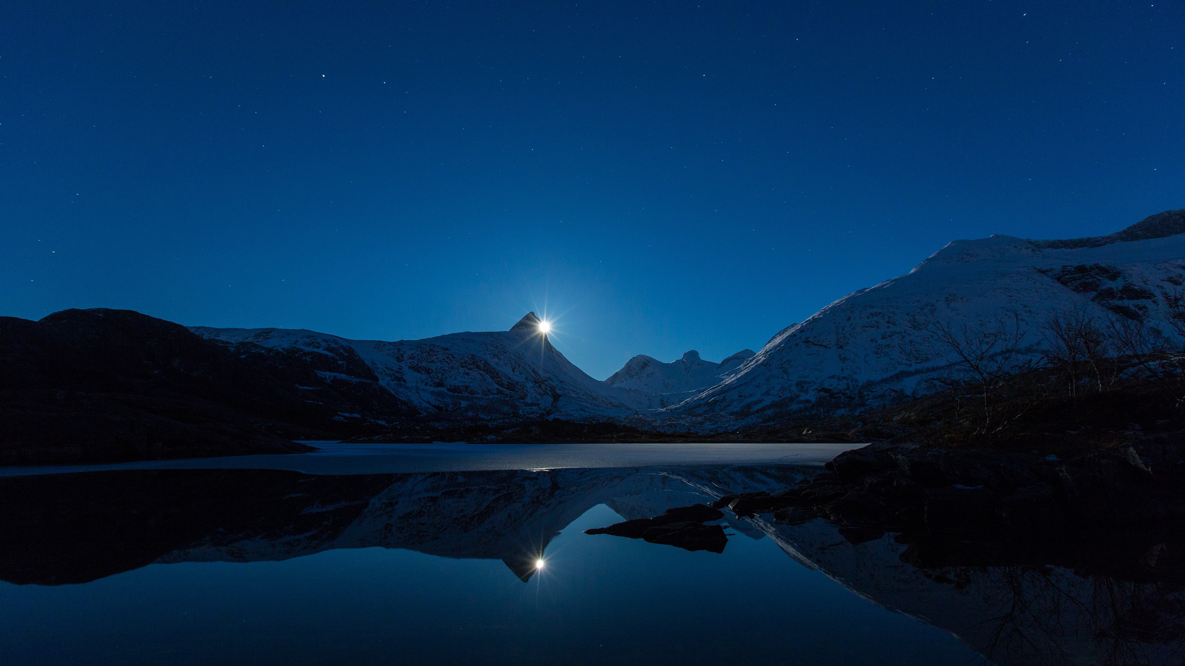 General 3840x2160 nature landscape clear sky night snow winter hills lake Moon moonlight stairs ice reflection mountains low light