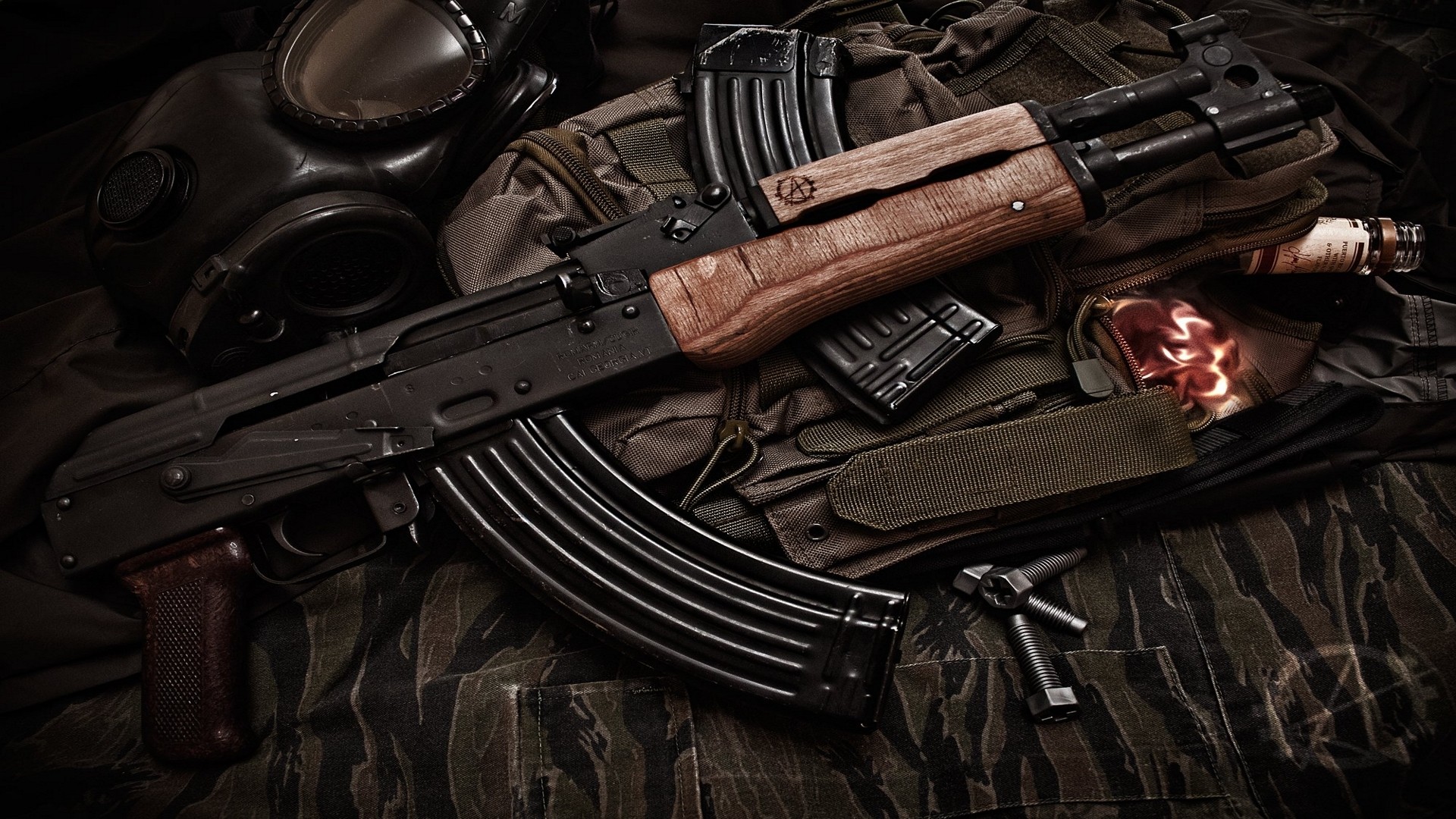 General 1920x1080 vodka gas masks AK-47 Draco S.T.A.L.K.E.R. camouflage bolts AK-47 assault rifle Russian/Soviet firearms gun