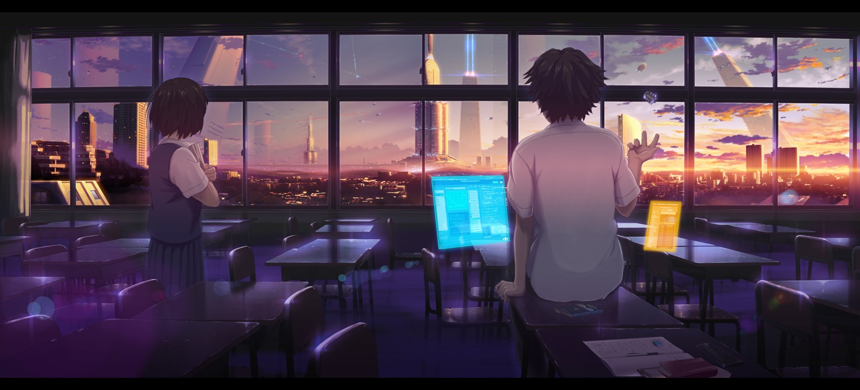 Anime 1692x768 science fiction computer anime girls anime boys cityscape classroom
