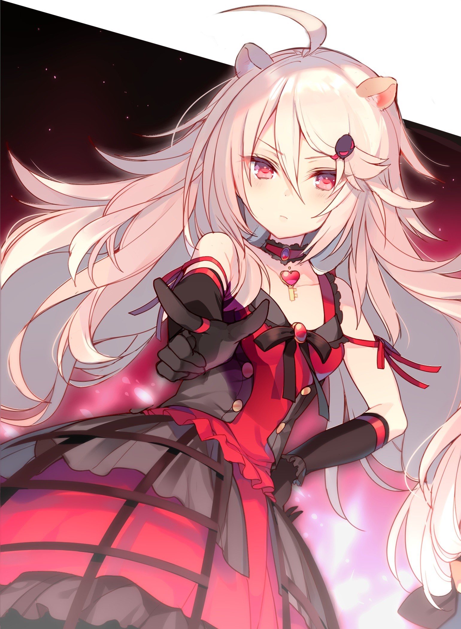 Anime 1540x2100 anime anime girls dress animal ears long hair silver hair red eyes finger pointing Show By Rock!! Mayachi