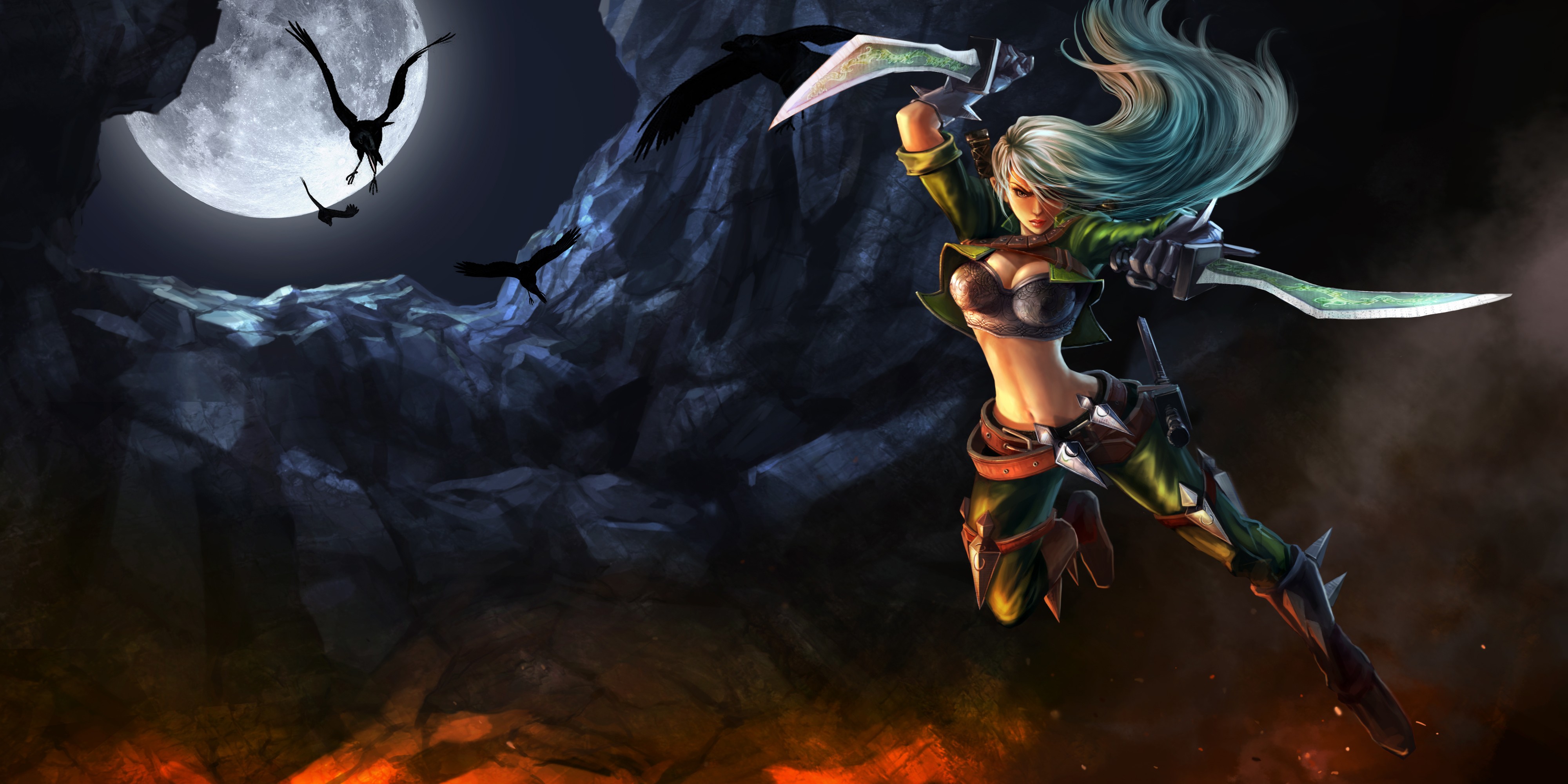 Anime 4000x2000 anime anime girls League of Legends armor cleavage raven Moon Katarina (League of Legends) video game girls boobs slim body fantasy art fantasy girl long hair women with swords girls with guns hair in face bra video game characters PC gaming