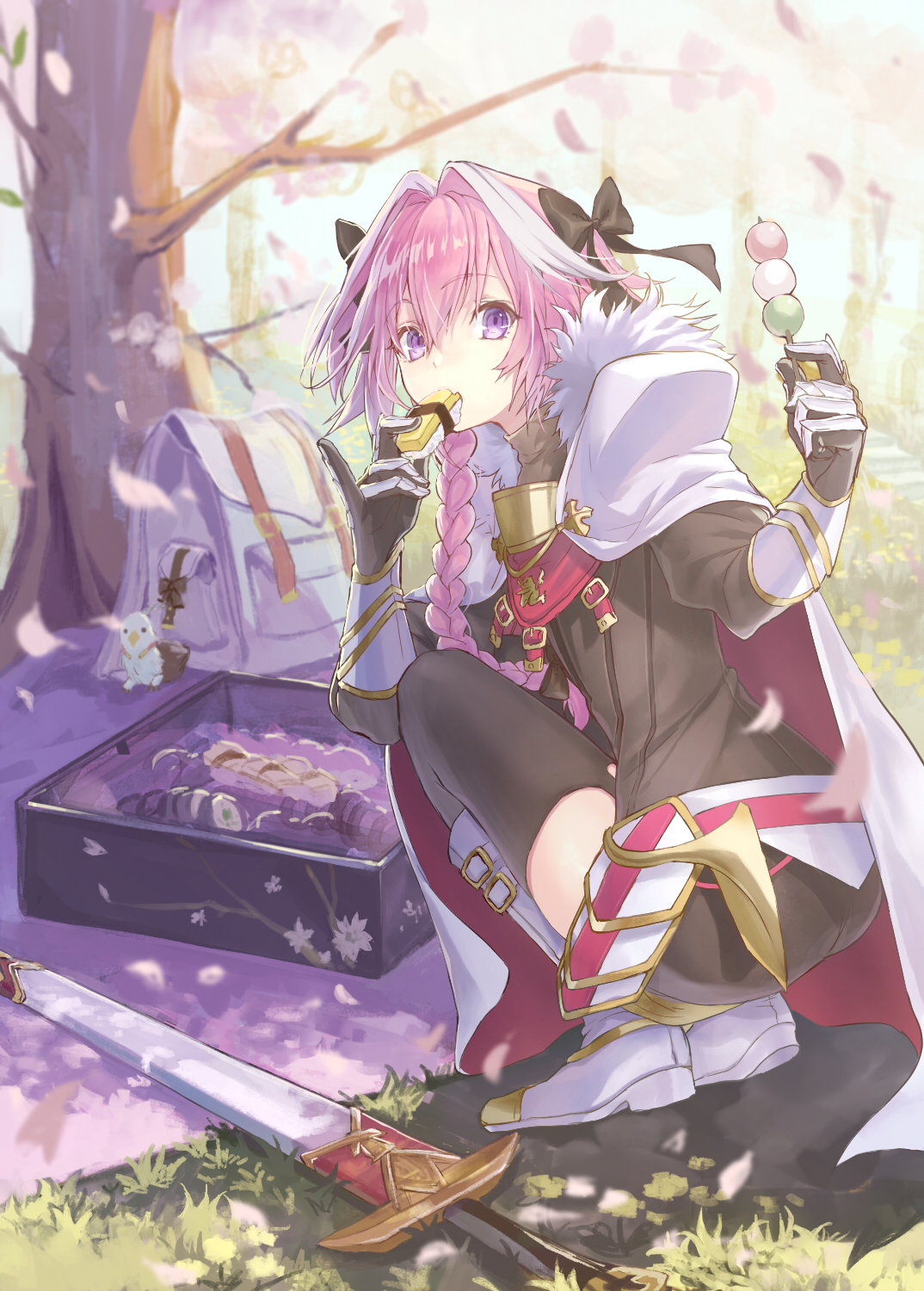 Anime 1074x1500 Fate series Fate/Apocrypha  anime boys hair in face black stockings sword armor gauntlets glutes dango femboy garter straps zettai ryouiki cape looking at viewer purple eyes two tone hair black ribbons 2D white boots squatting pink hair white hair curvy cherry trees spring cherry blossom Astolfo (Fate/Apocrypha) anime fan art Fate/Grand Order