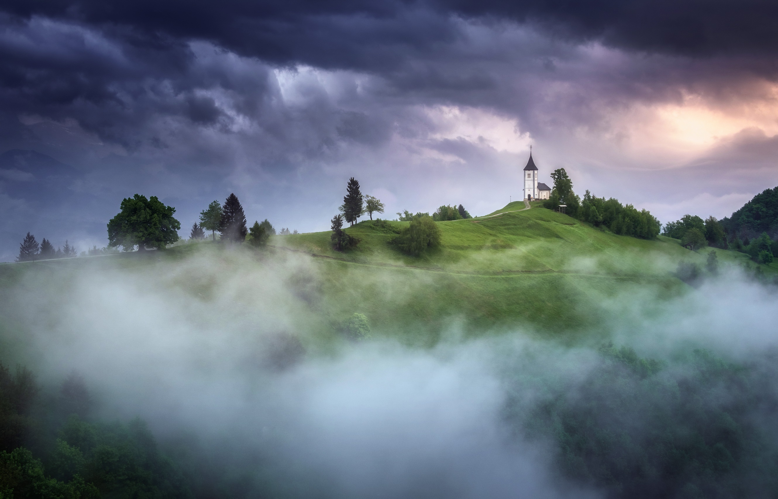 General 2660x1707 nature landscape sky Slovenia mist church hills tower