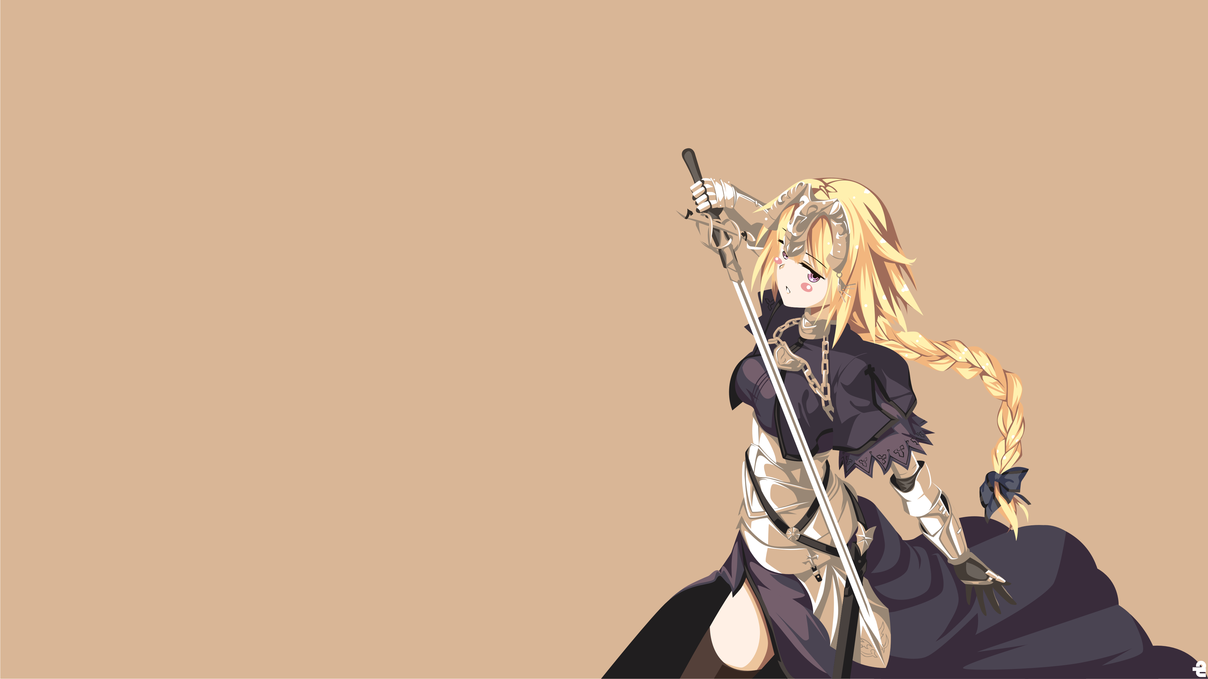 Anime 3840x2160 Fate/Apocrypha  anime girls minimalism Fate/Grand Order Fate series simple background thighs big boobs black stockings 2D bangs anime zettai ryouiki hair in face purple eyes blushing armored woman Jeanne d'Arc (Fate) Ruler (Fate/Apocrypha) gauntlets long hair fan art noerulb blonde