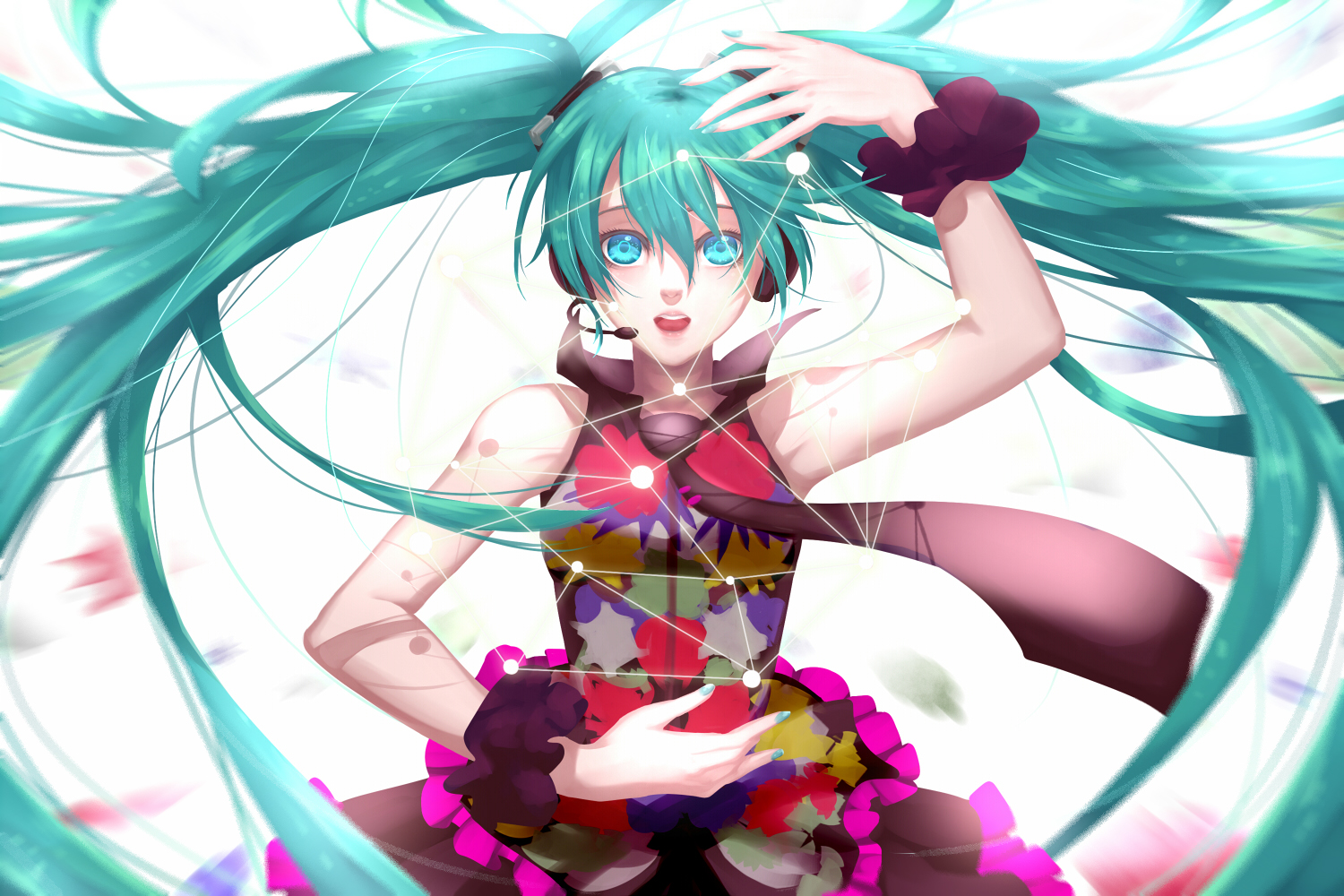 Anime 1500x1000 Hatsune Miku Hatsune Miku Append turquoise hair arms up anime girls tie long hair anime cyan hair aqua eyes open mouth cyan nails painted nails looking at viewer white background women