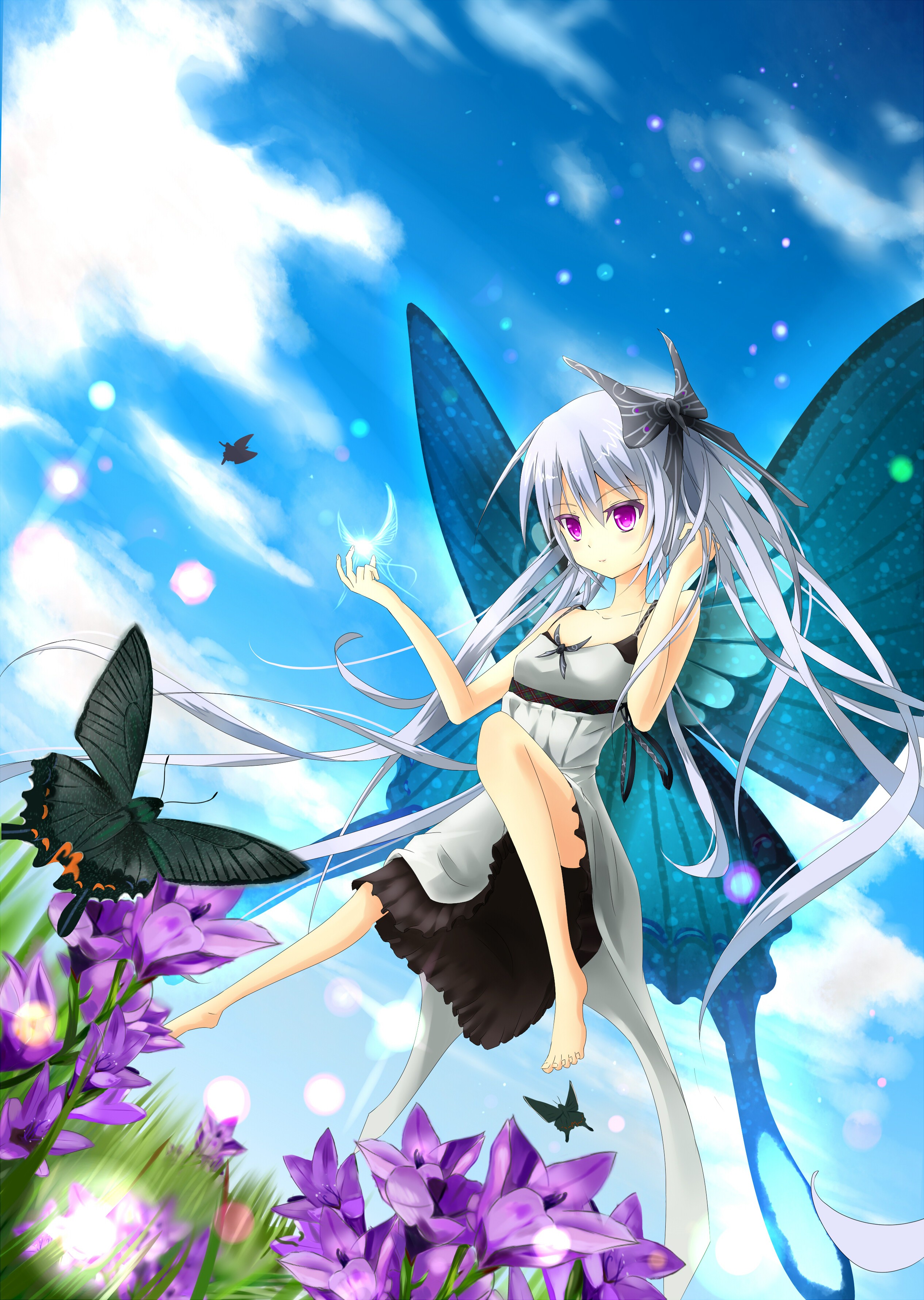Anime 2529x3559 anime anime girls long hair wings sky clouds flowers butterfly barefoot Pixiv fantasy art fantasy girl