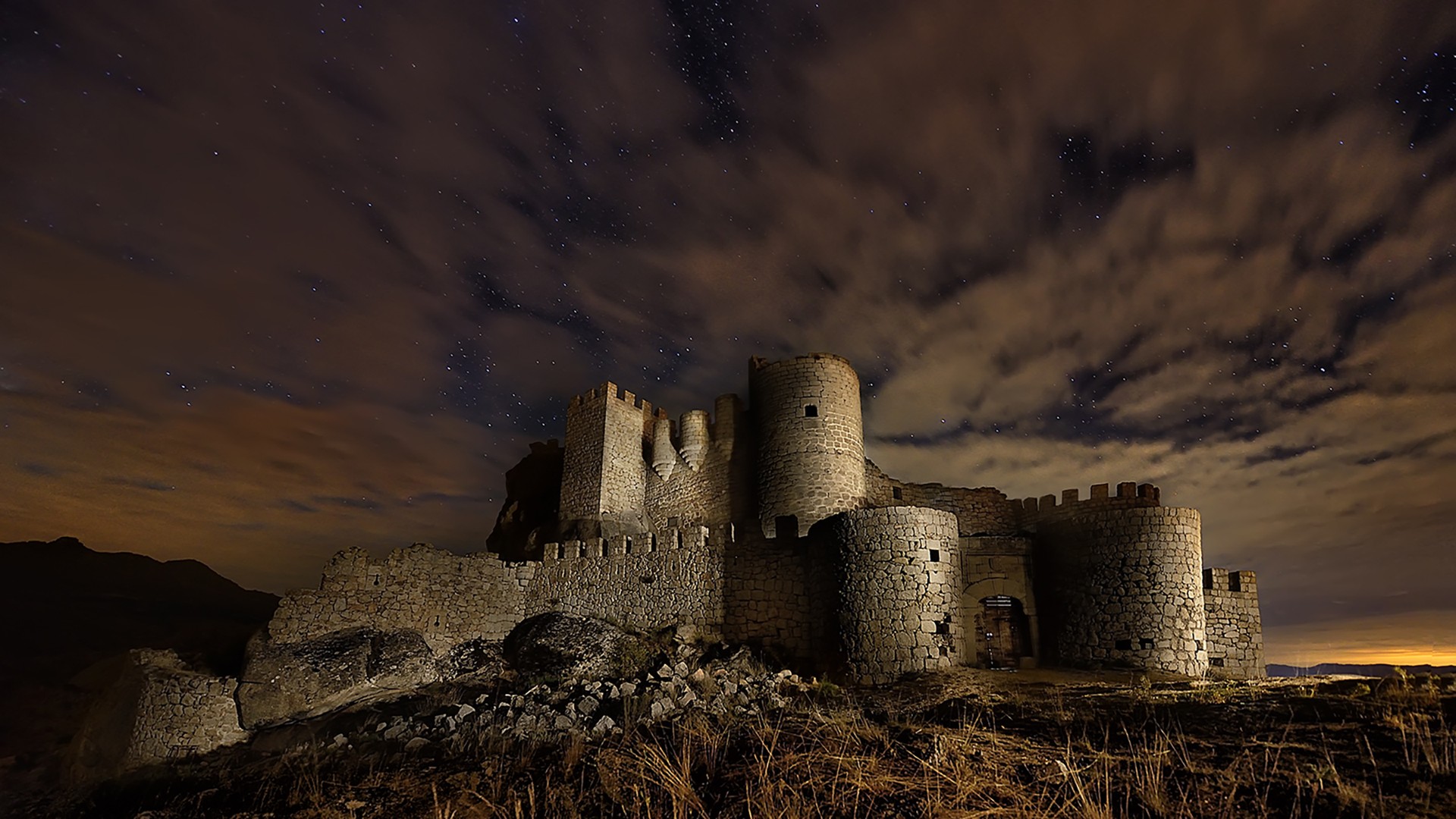 General 1920x1080 architecture castle ancient clouds ruins plants night stars stones long exposure