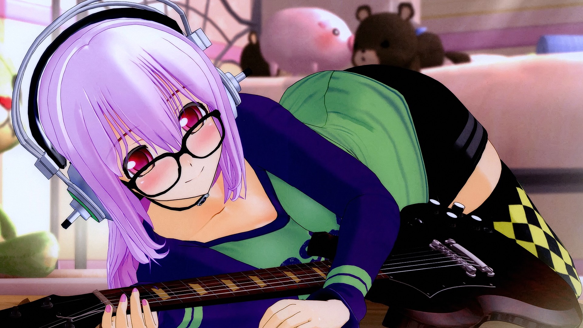 Anime 1920x1080 anime anime girls long hair red eyes glasses headsets guitar musical instrument looking at viewer Super Sonico women with glasses