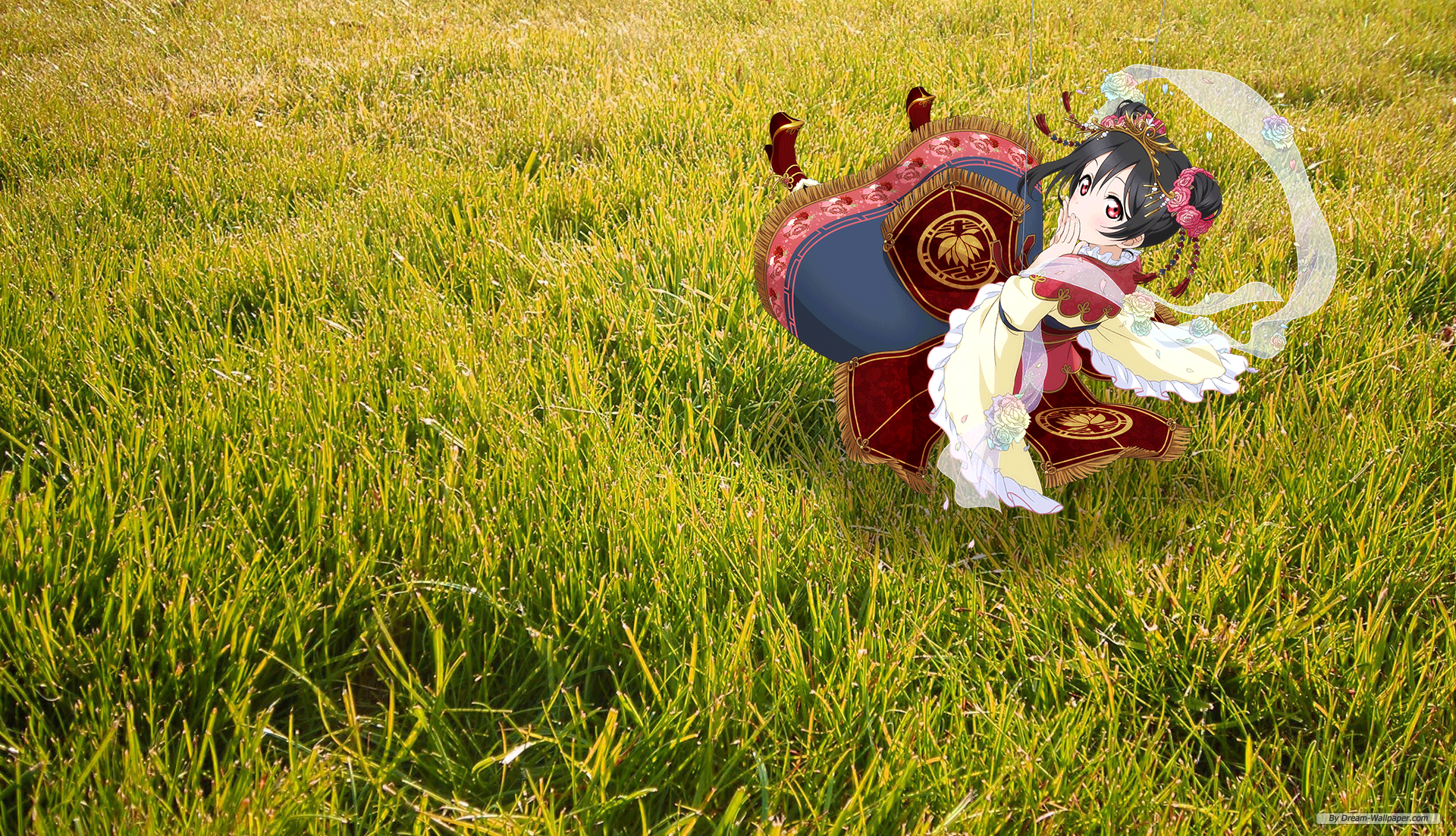 Anime 1920x1103 Love Live! anime girls anime grass picture-in-picture black hair fantasy girl dress red eyes