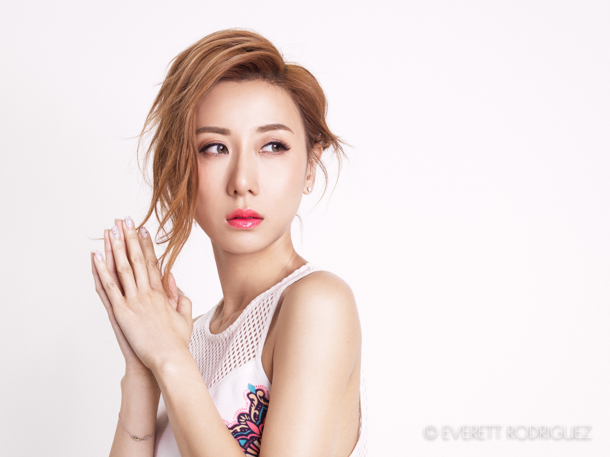 People 2048x1535 women Asian redhead musician shoulder length hair looking away white tops tank top red lipstick women indoors indoors makeup dyed hair white background simple background hands studio face portrait