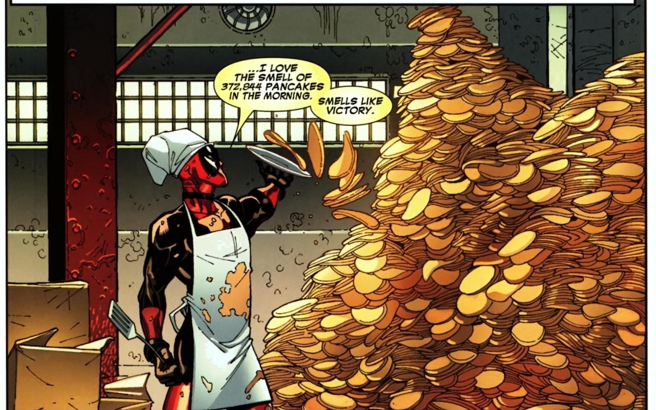 General 1280x800 humor antiheroes Deadpool comics speech bubble Wade Wilson food pancakes