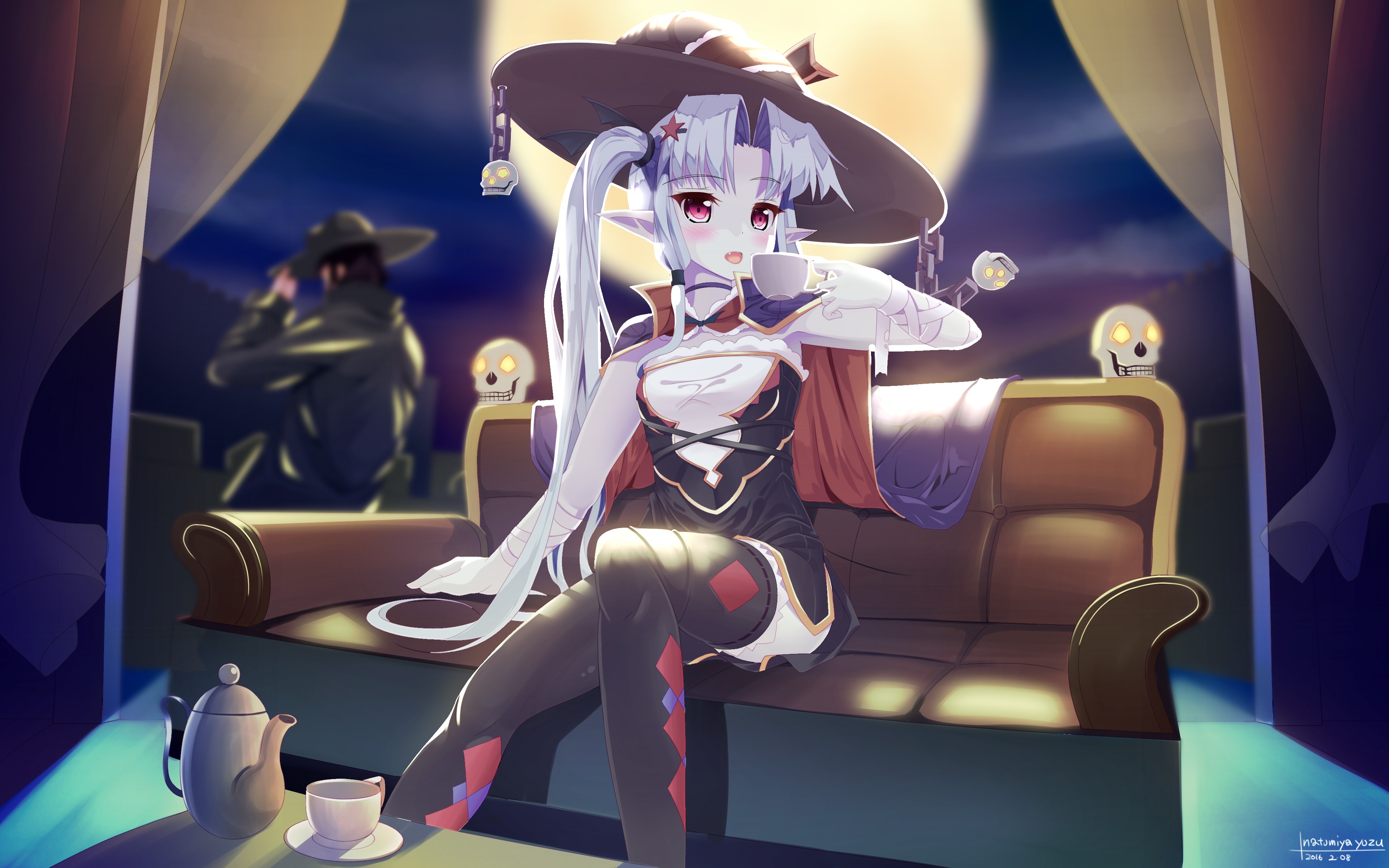 Anime 3840x2400 anime anime girls dress witch hat long hair red eyes Pixiv women with hats stockings black stockings cup fantasy art fantasy girl pointy ears couch watermarked 2016 (year)