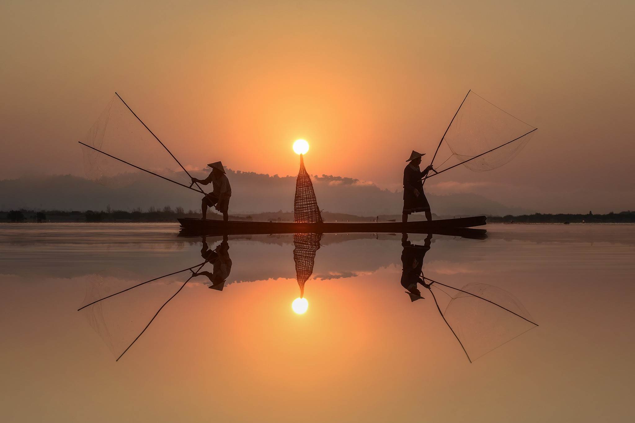 General 2048x1367 photography reflection Sun sunset fish fishing mountains fisherman sunlight